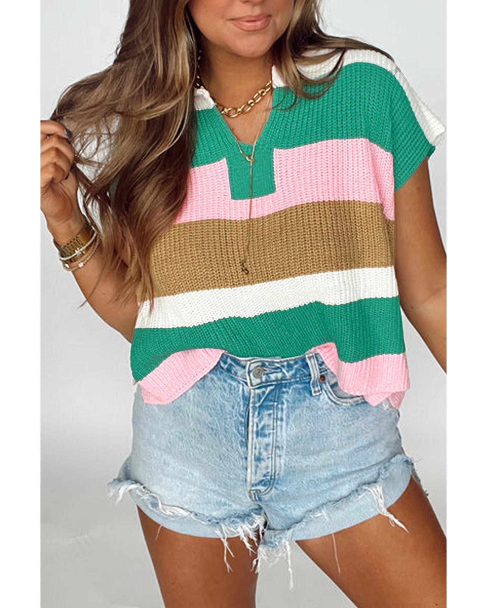 Multicolour Color Block Notch V Neck Sweater T Shirt - S