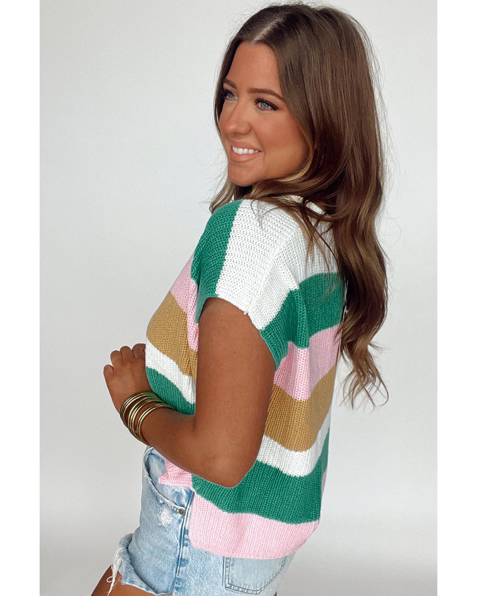 Multicolour Color Block Notch V Neck Sweater T Shirt - S