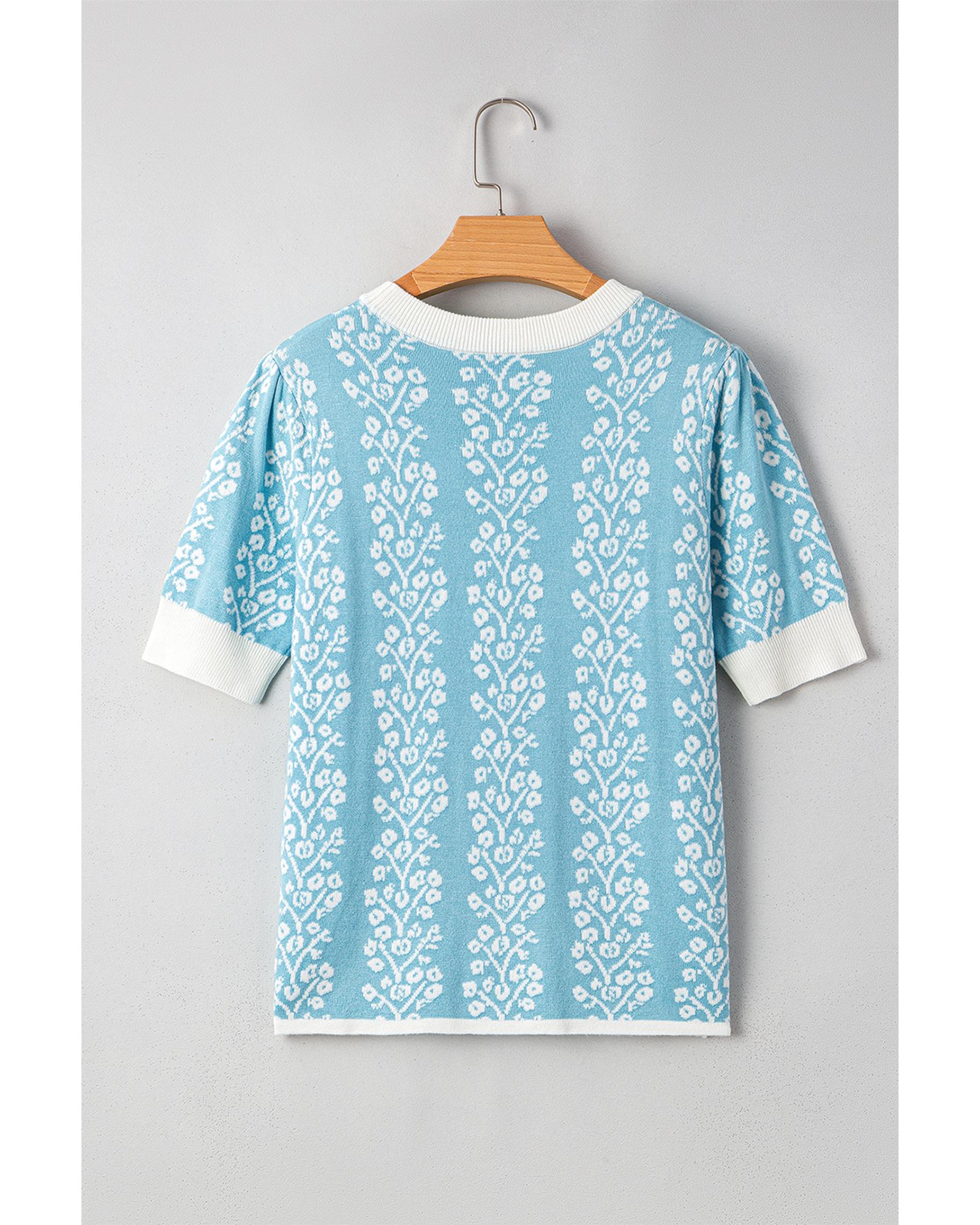 Sky Blue Contrast Floral Crewneck Short Sleeve Sweater - L