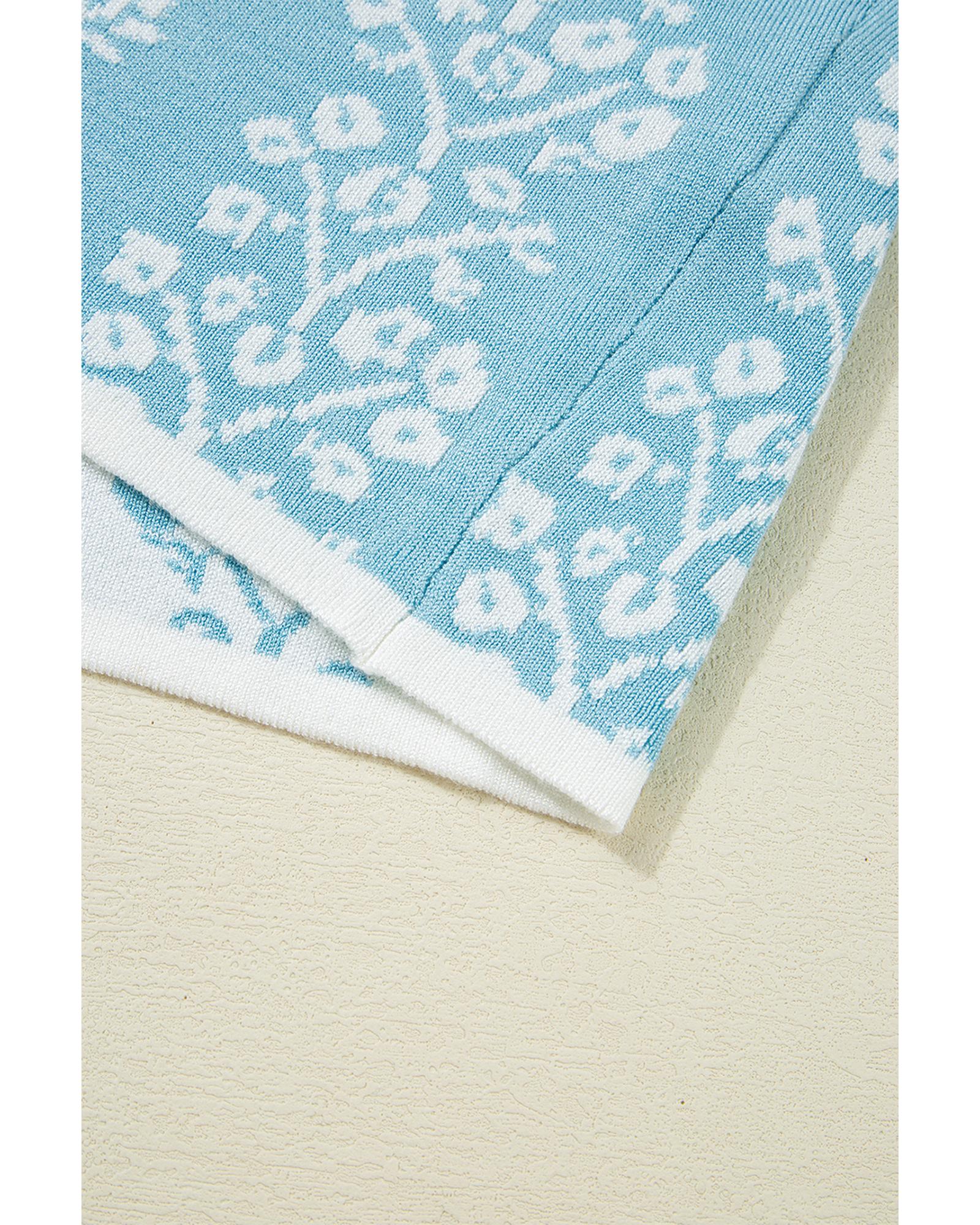 Sky Blue Contrast Floral Crewneck Short Sleeve Sweater - L