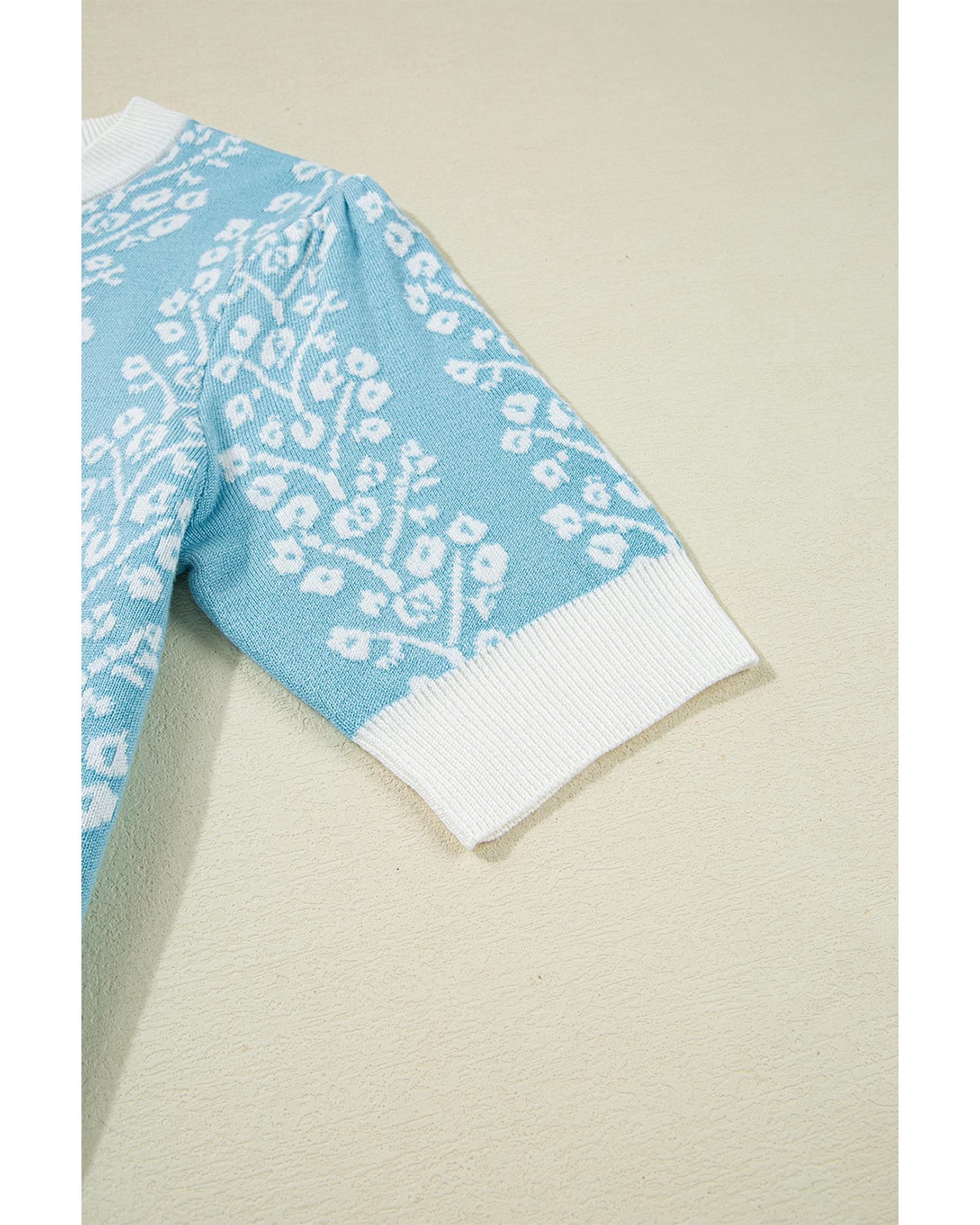 Sky Blue Contrast Floral Crewneck Short Sleeve Sweater - L