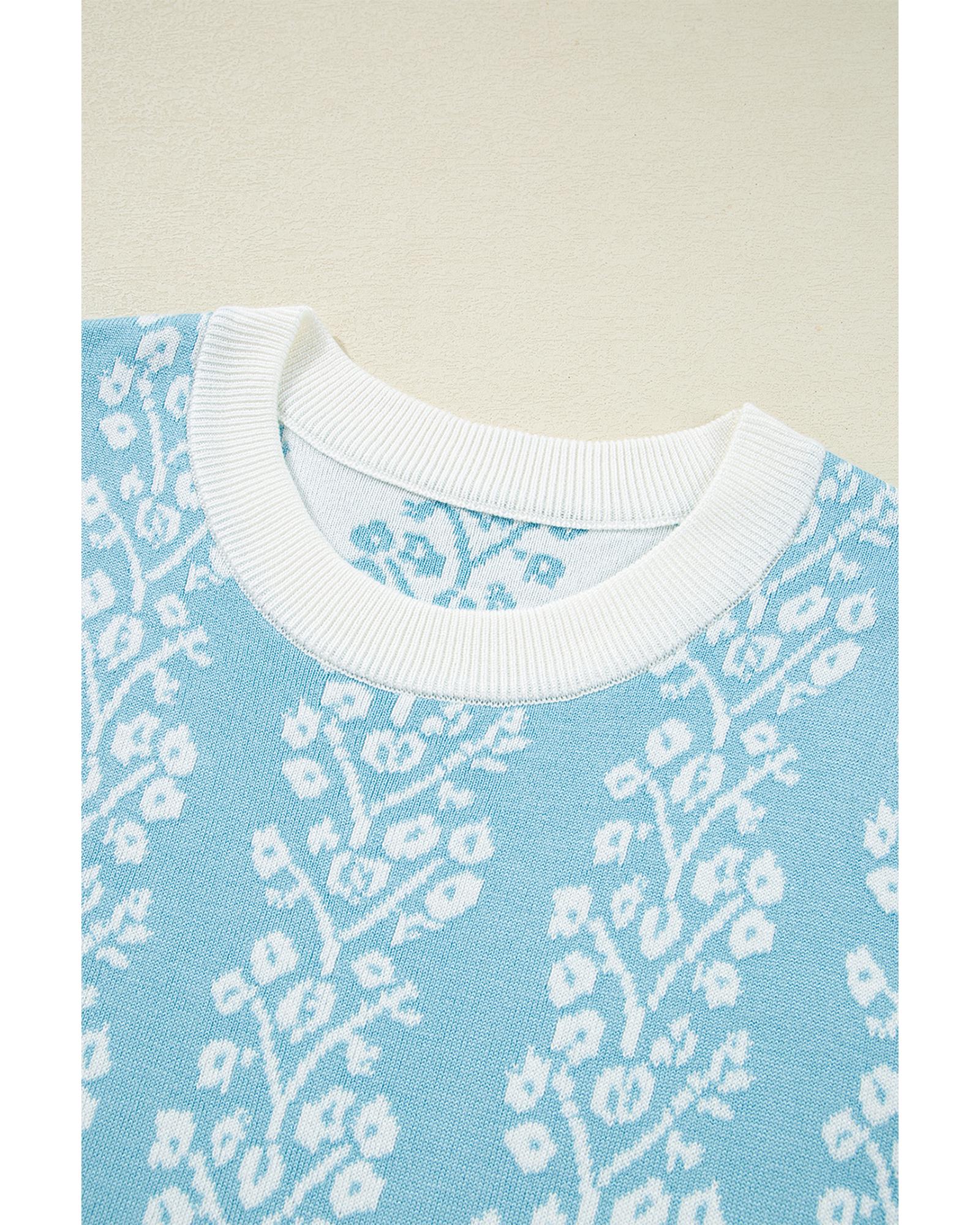Sky Blue Contrast Floral Crewneck Short Sleeve Sweater - S