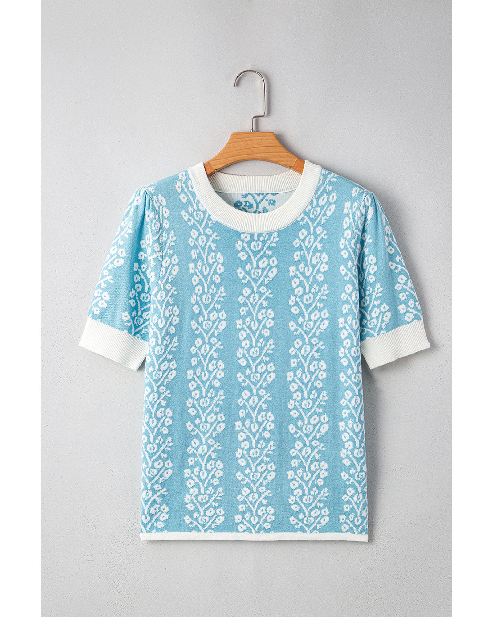 Sky Blue Contrast Floral Crewneck Short Sleeve Sweater - XL