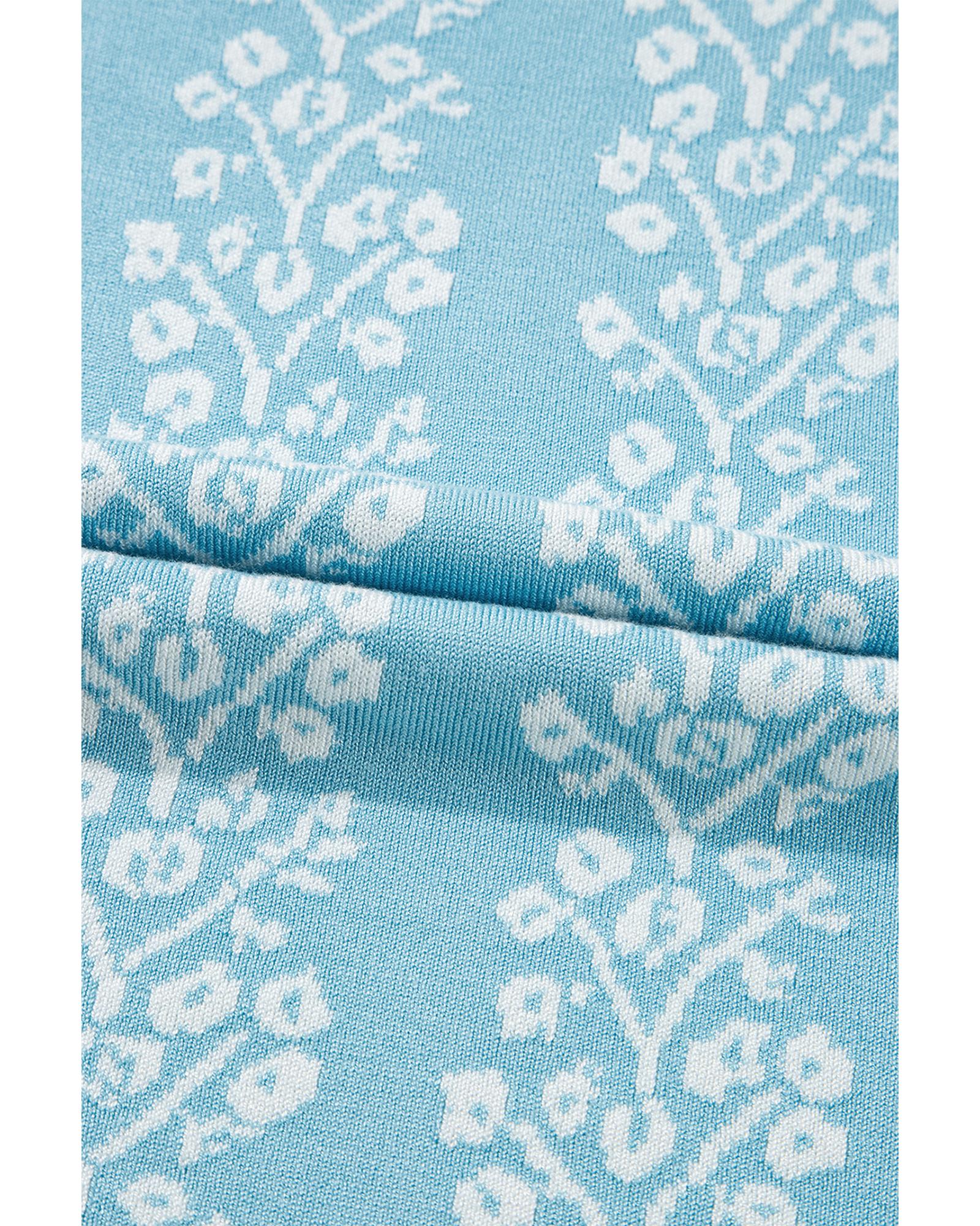 Sky Blue Contrast Floral Crewneck Short Sleeve Sweater - XL