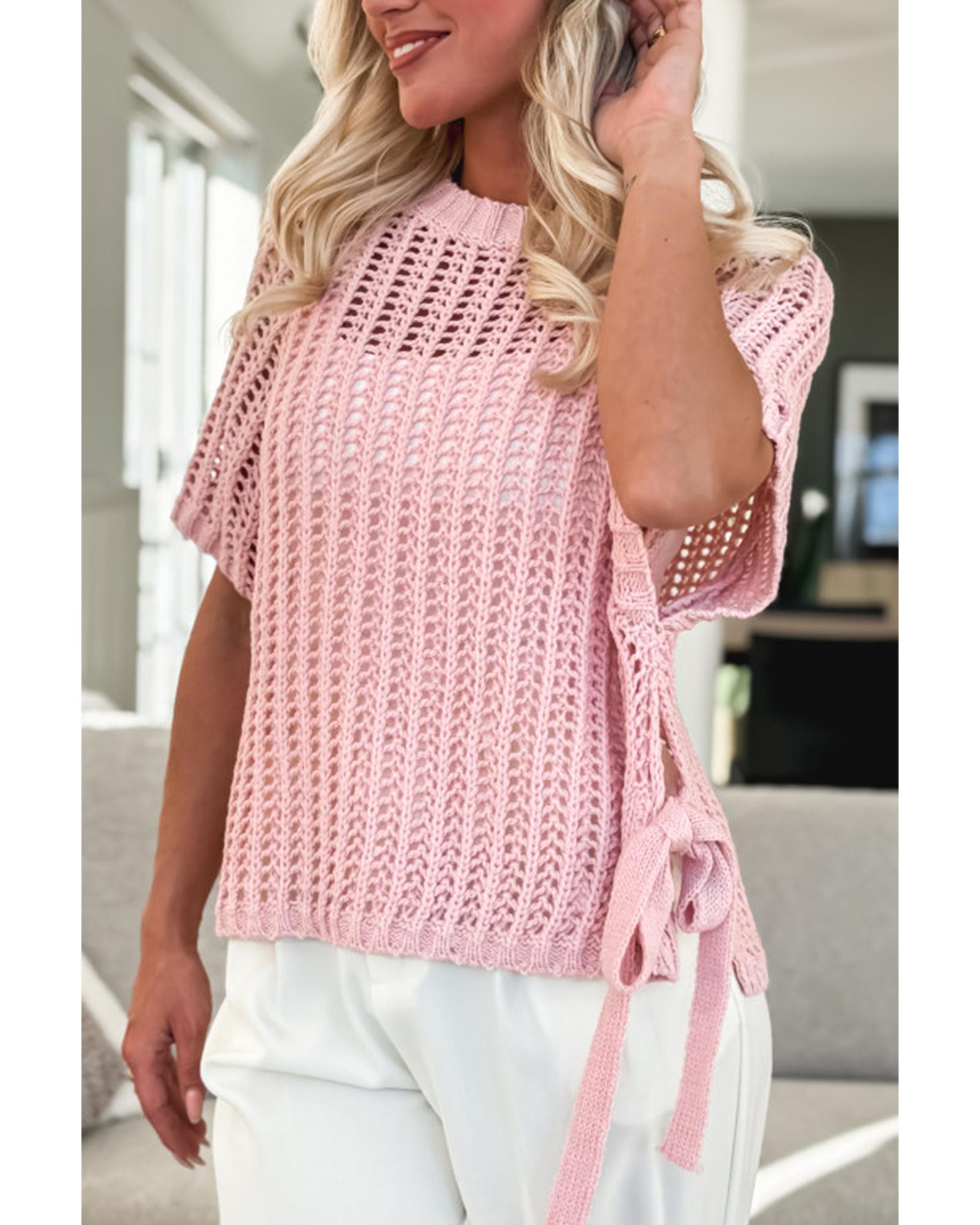 Pink Hollow-out Crochet Side Tied Short Sleeve Sweater - M