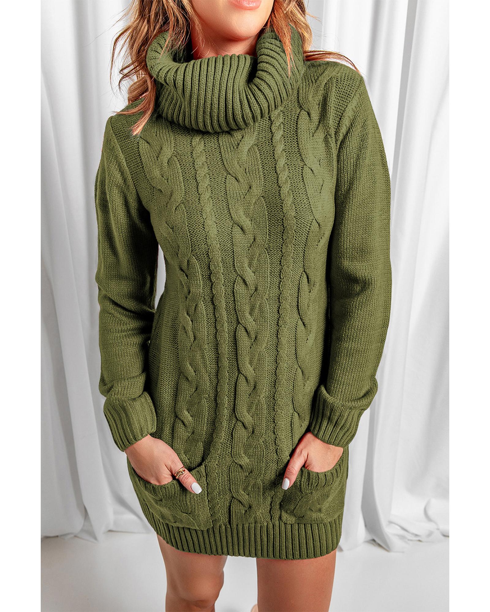 Azura Exchange Olive Cowl Neck Cable Knit Sweater Dress - L