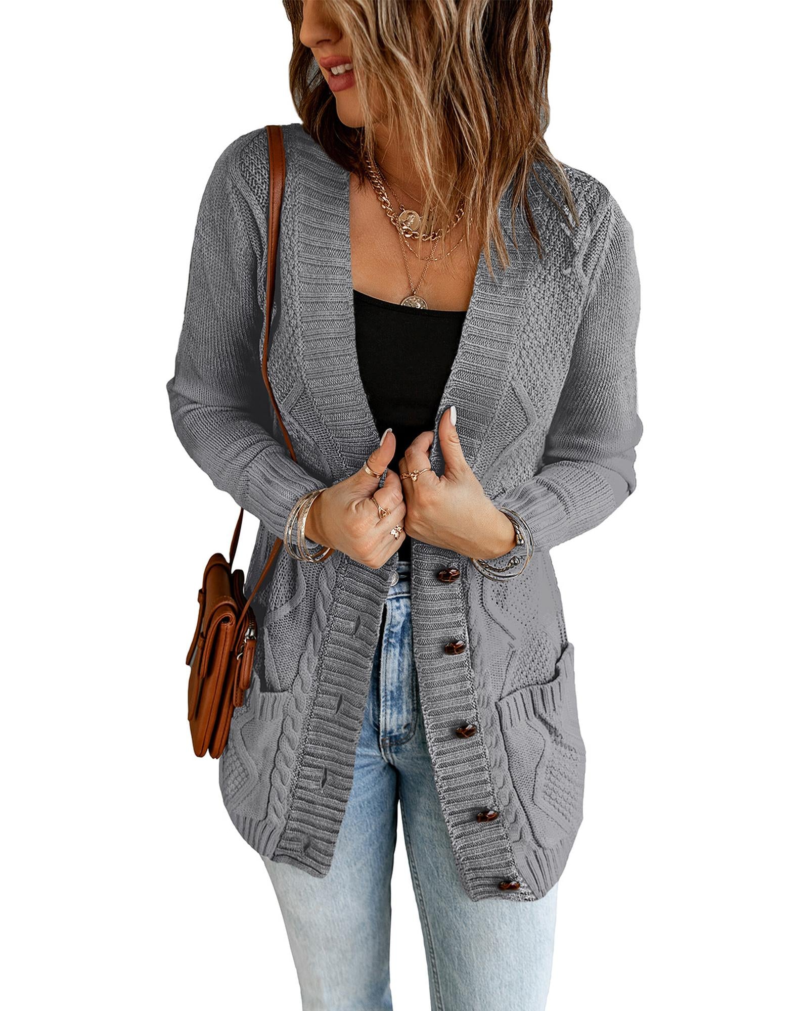 Dark Gray Front Pocket and Buttons Closure Cardigan - S