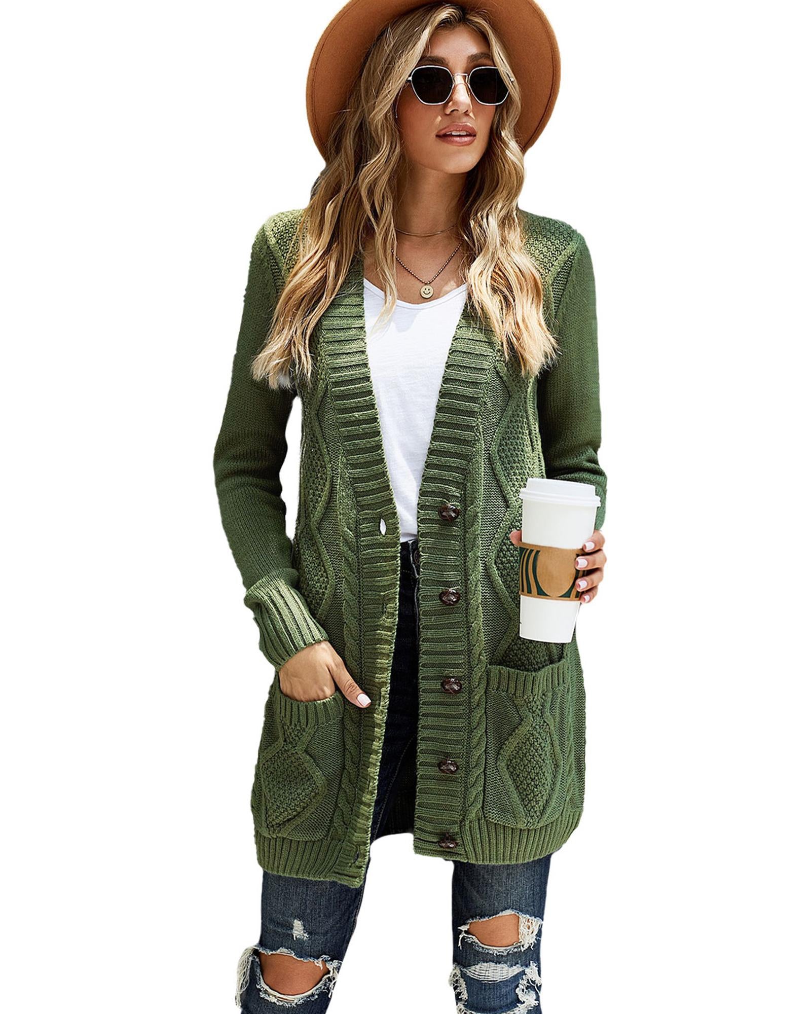 Green Front Pocket and Buttons Closure Cardigan - L