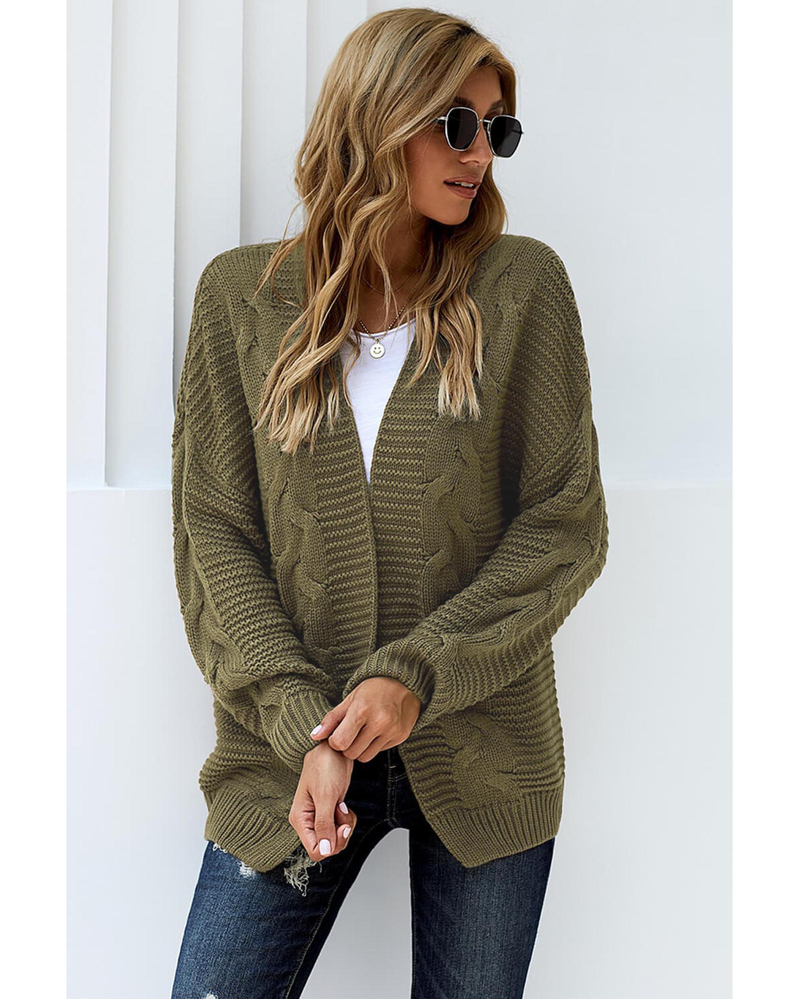 Olive Chunky Wide Long Sleeve Knit Cardigan - M