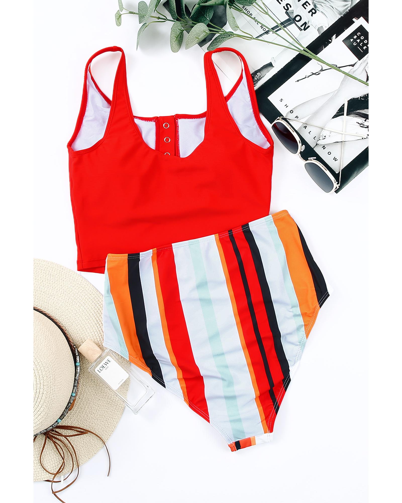 Square Neck Sleeveless Fashion Print Tankini Set - M