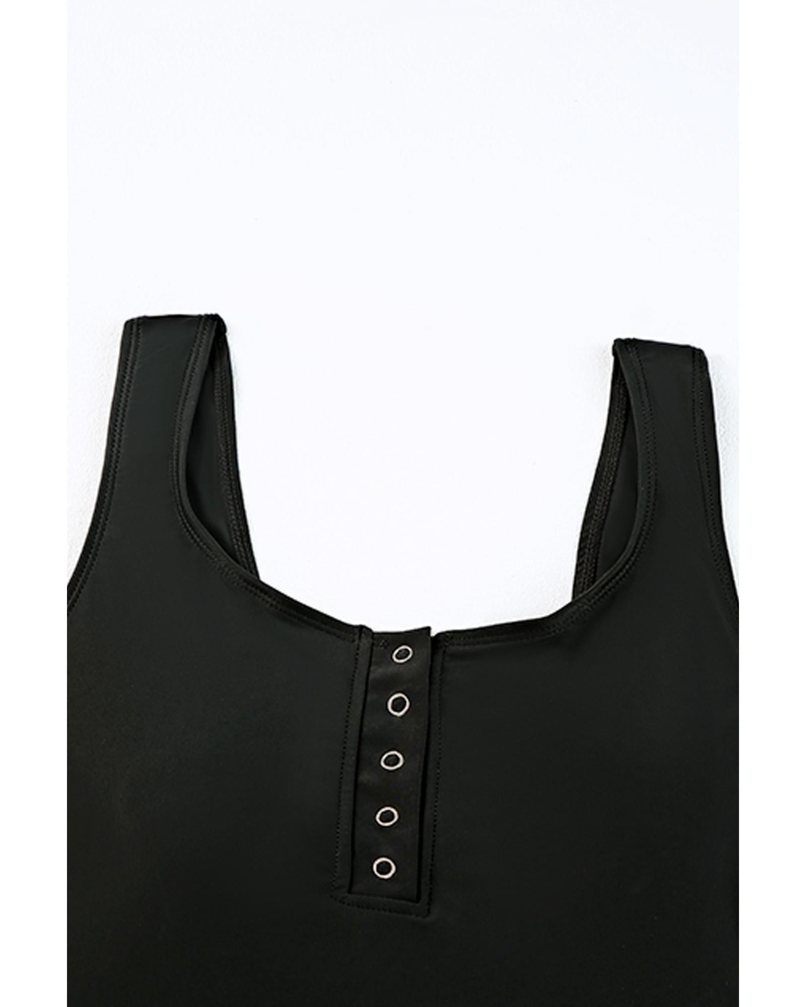 Black Square Neck Sleeveless Fashion Print Tankini Set - L