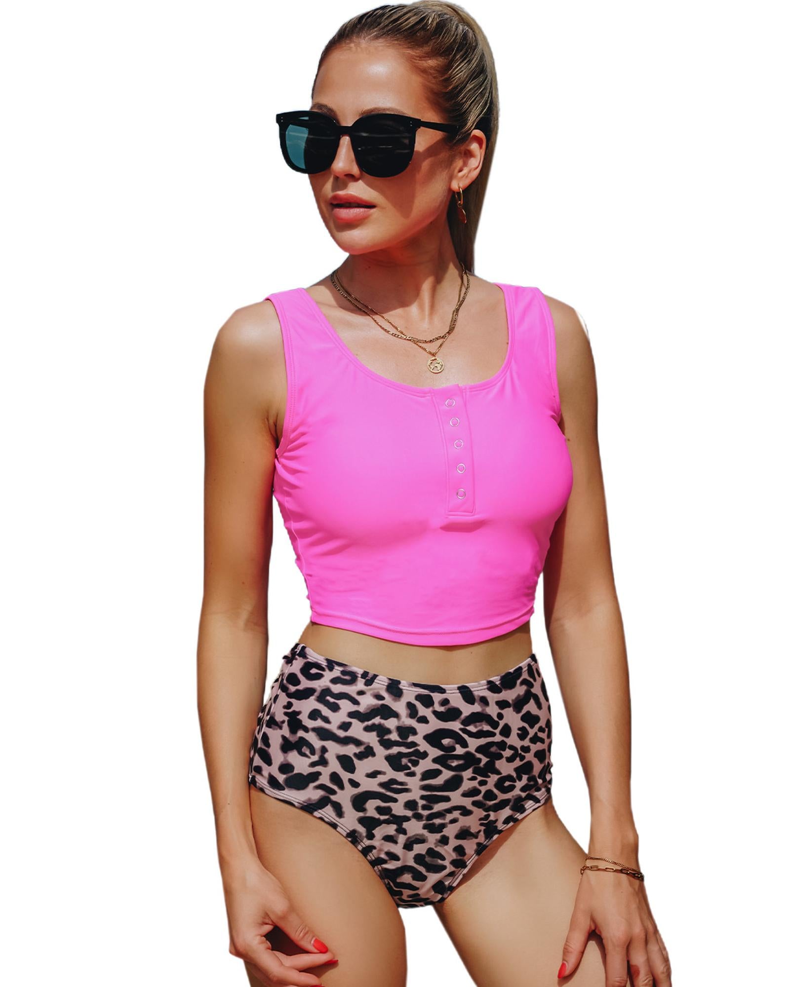 Leopard Square Neck Sleeveless Fashion Print Tankini Set - S