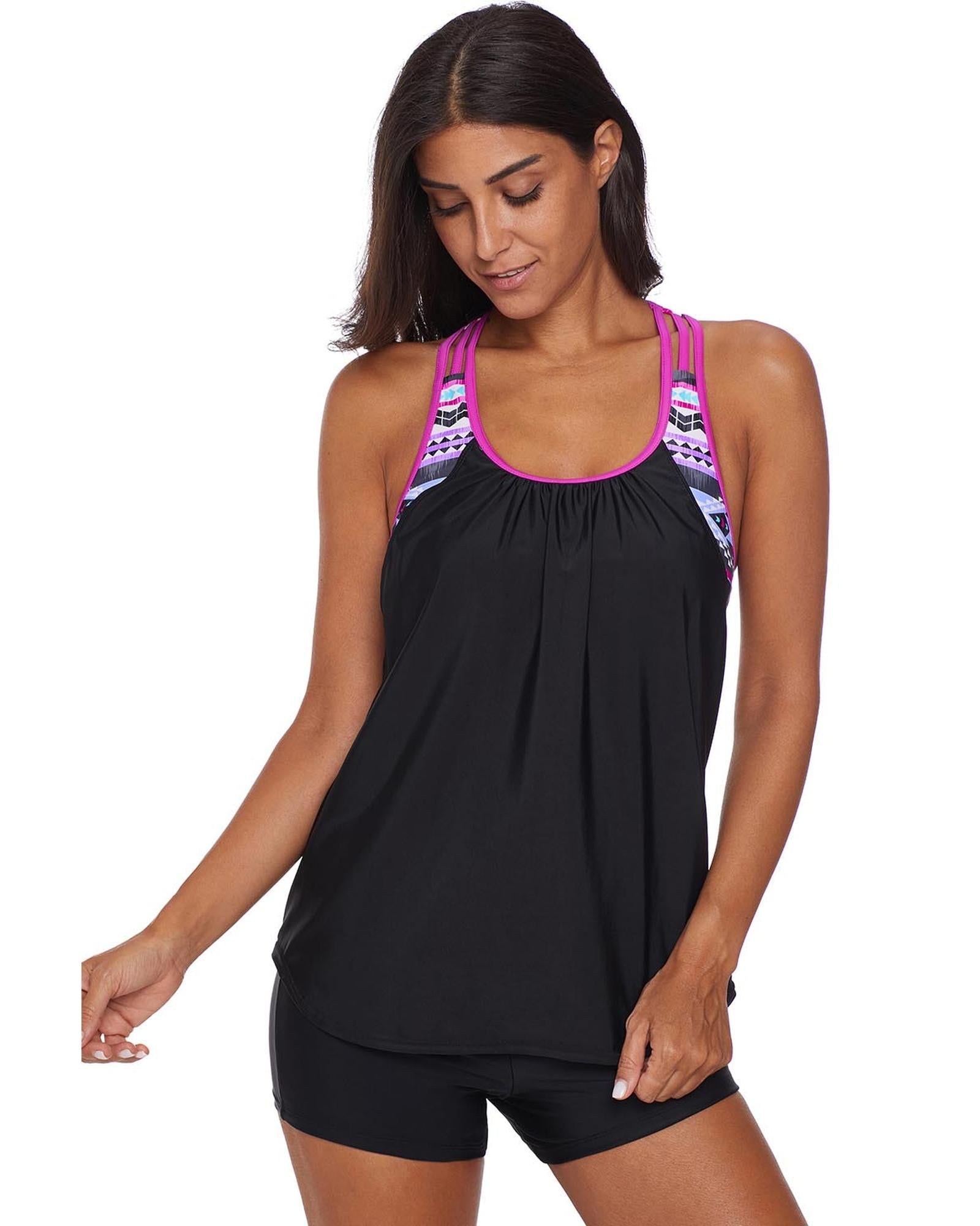 Rose Blouson Striped Printed Strappy T-Back Push up Tankini Top - S