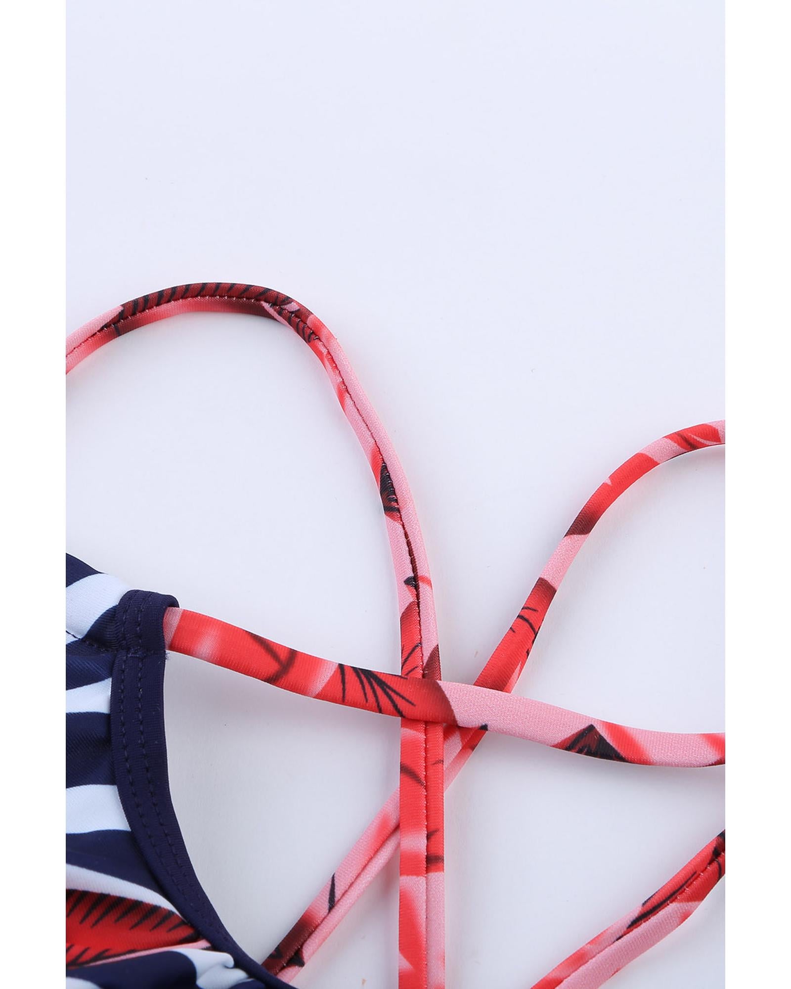 Fiery Red Floral Print Criss Cross Hollow-out Tankini Swimwear - M