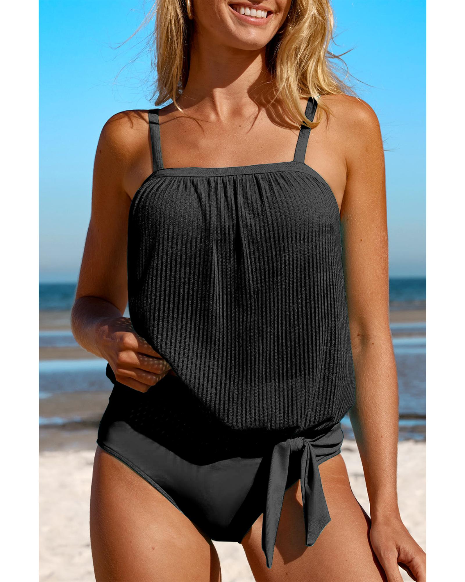 Black Striped Mesh Knotted Hem Tankini Swimsuit - S