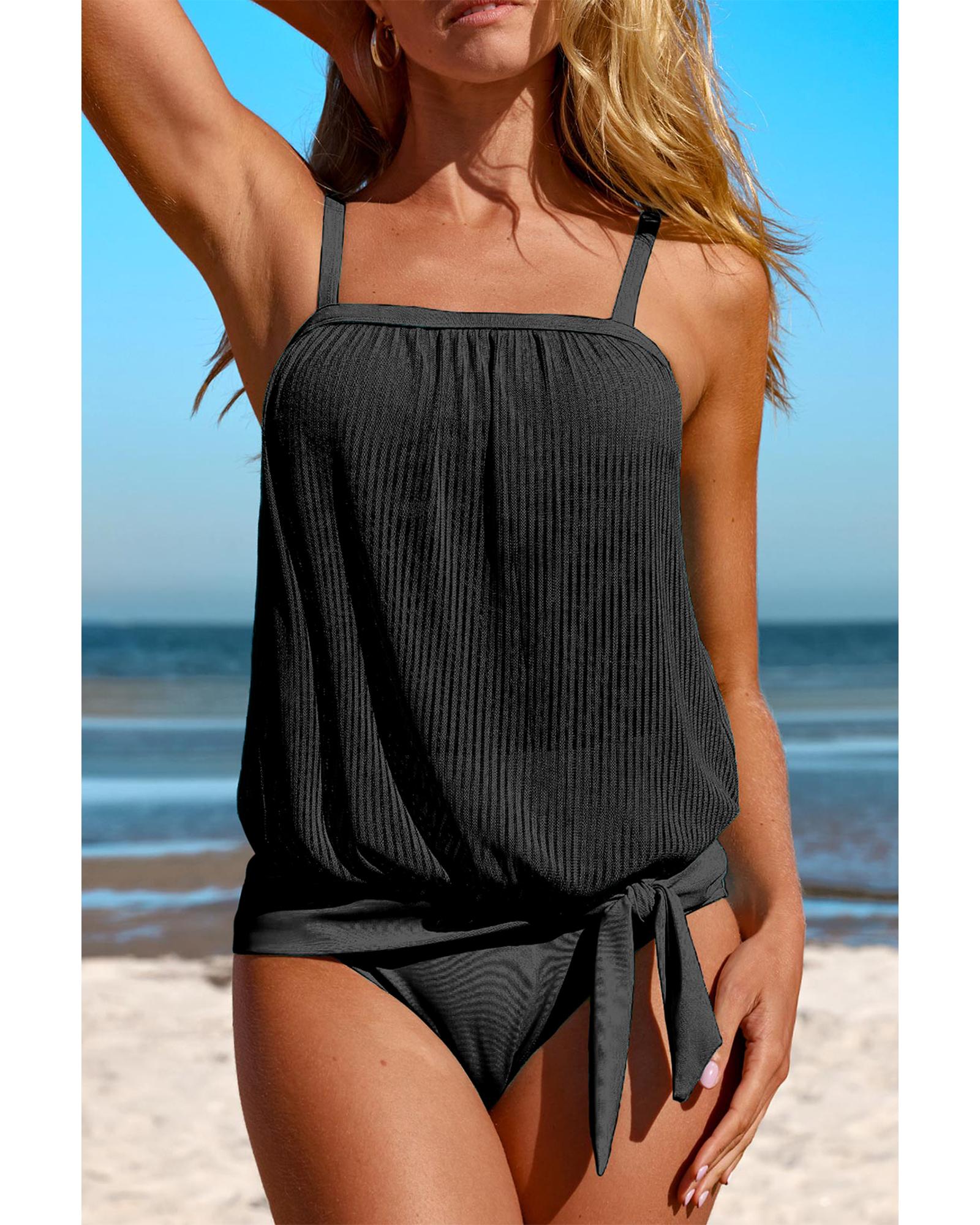 Black Striped Mesh Knotted Hem Tankini Swimsuit - S