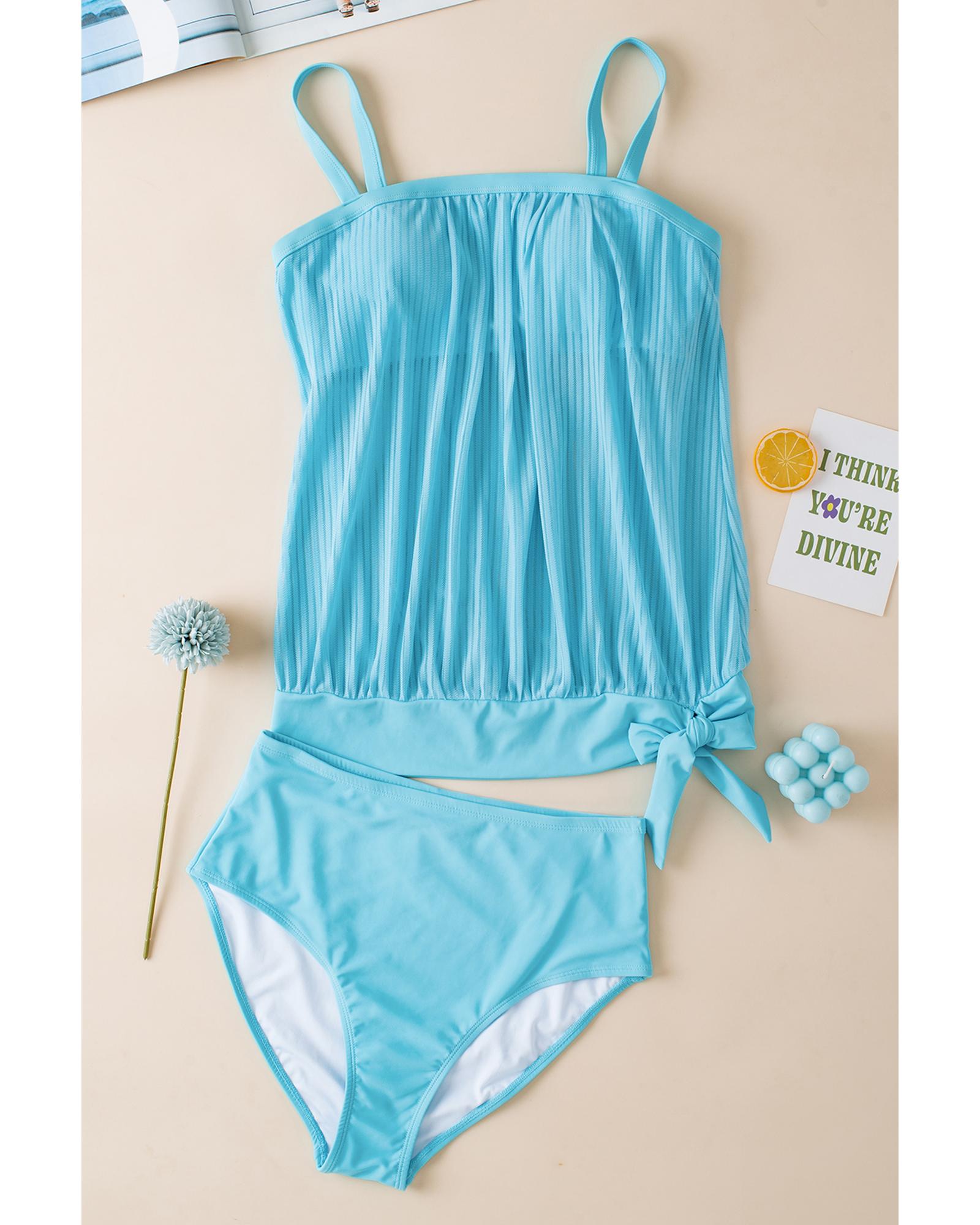 Turquoise Striped Mesh Knotted Hem Tankini Swimsuit - L