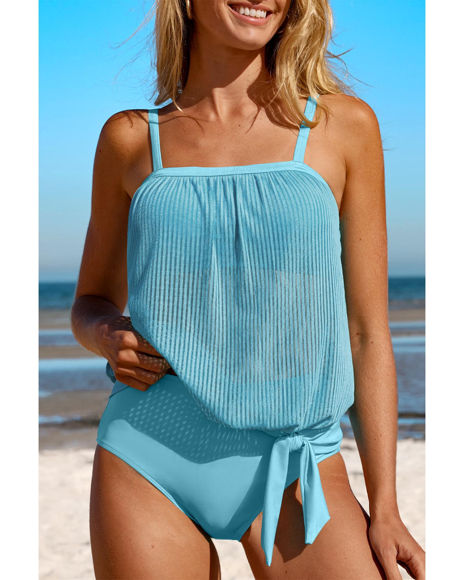 Turquoise Striped Mesh Knotted Hem Tankini Swimsuit - M