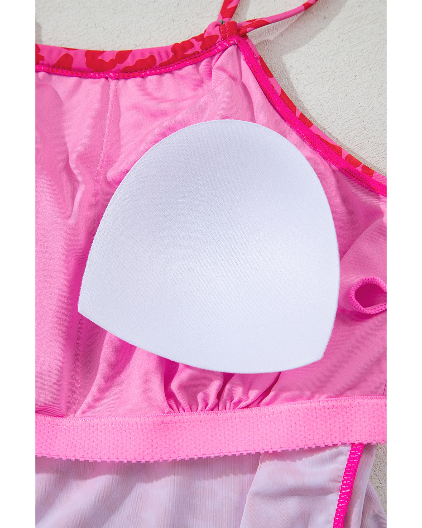 Rose Leopard Drawstring Side Tankini 2pcs Swimsuit - L