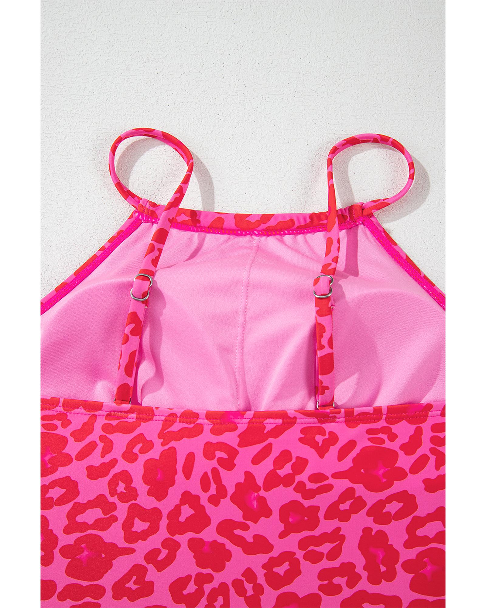Rose Leopard Drawstring Side Tankini 2pcs Swimsuit - M