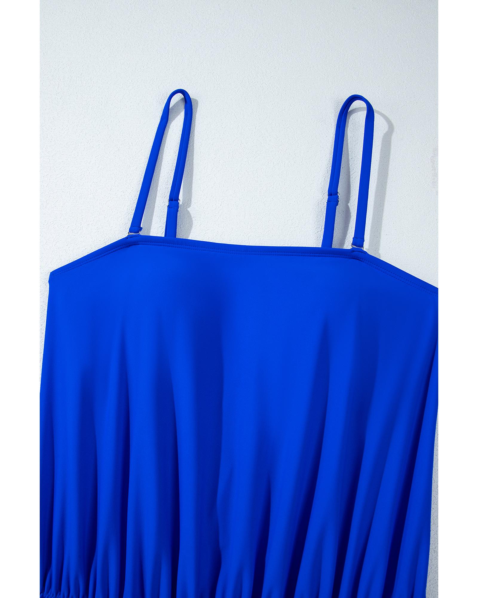 Dark Blue Bow Peplum Waist Spaghetti Straps Tankini Set - M