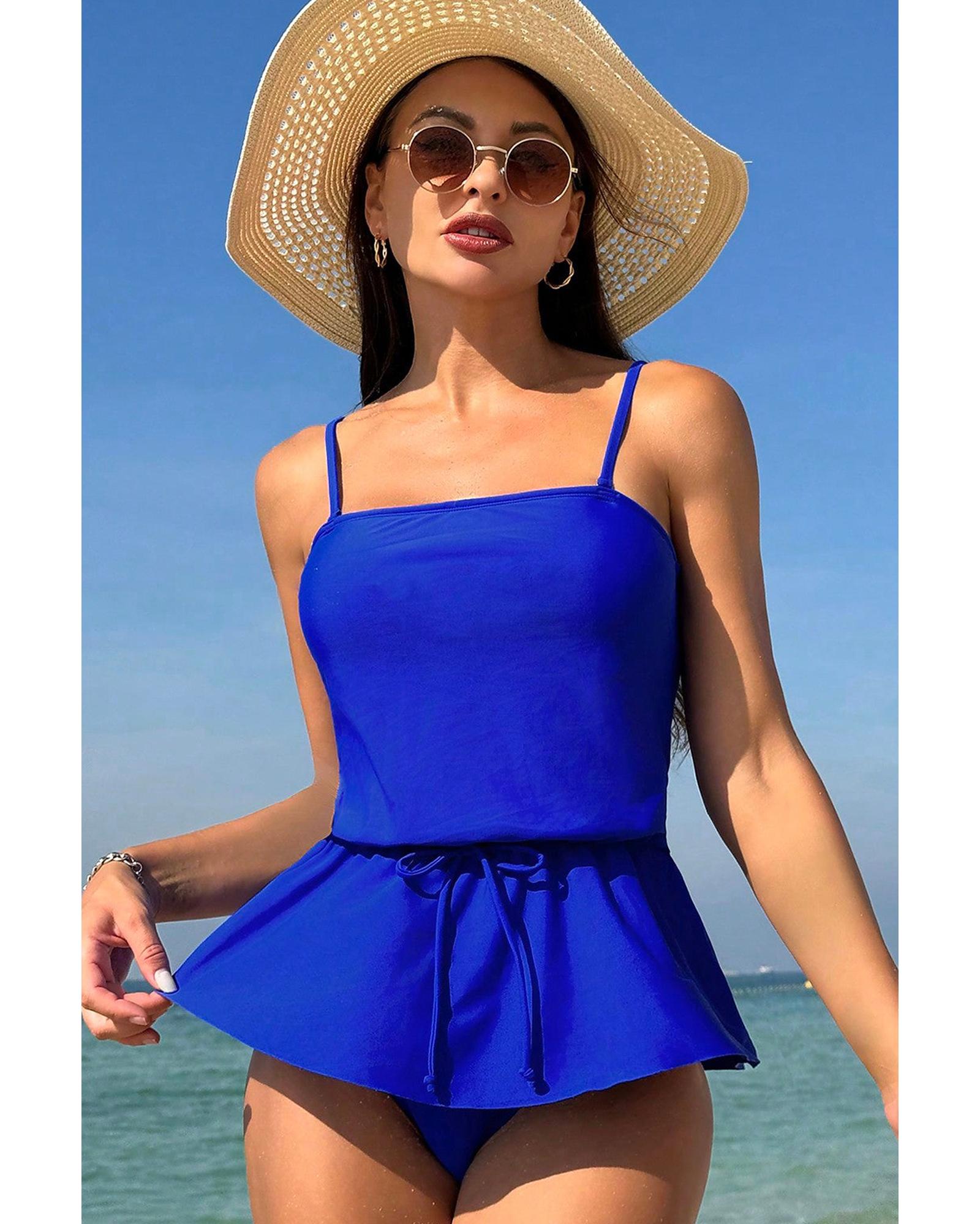 Dark Blue Bow Peplum Waist Spaghetti Straps Tankini Set - M