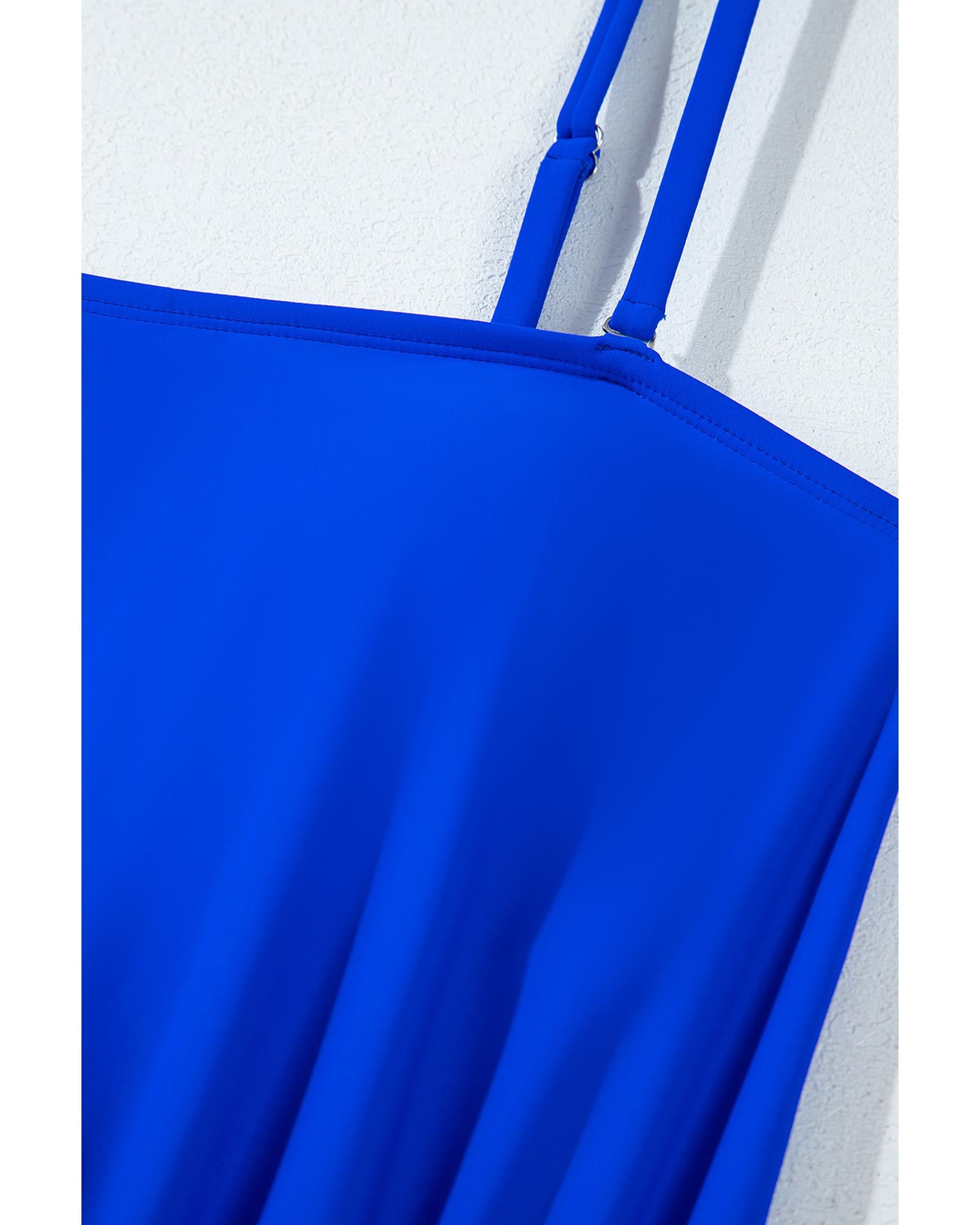 Dark Blue Bow Peplum Waist Spaghetti Straps Tankini Set - XL