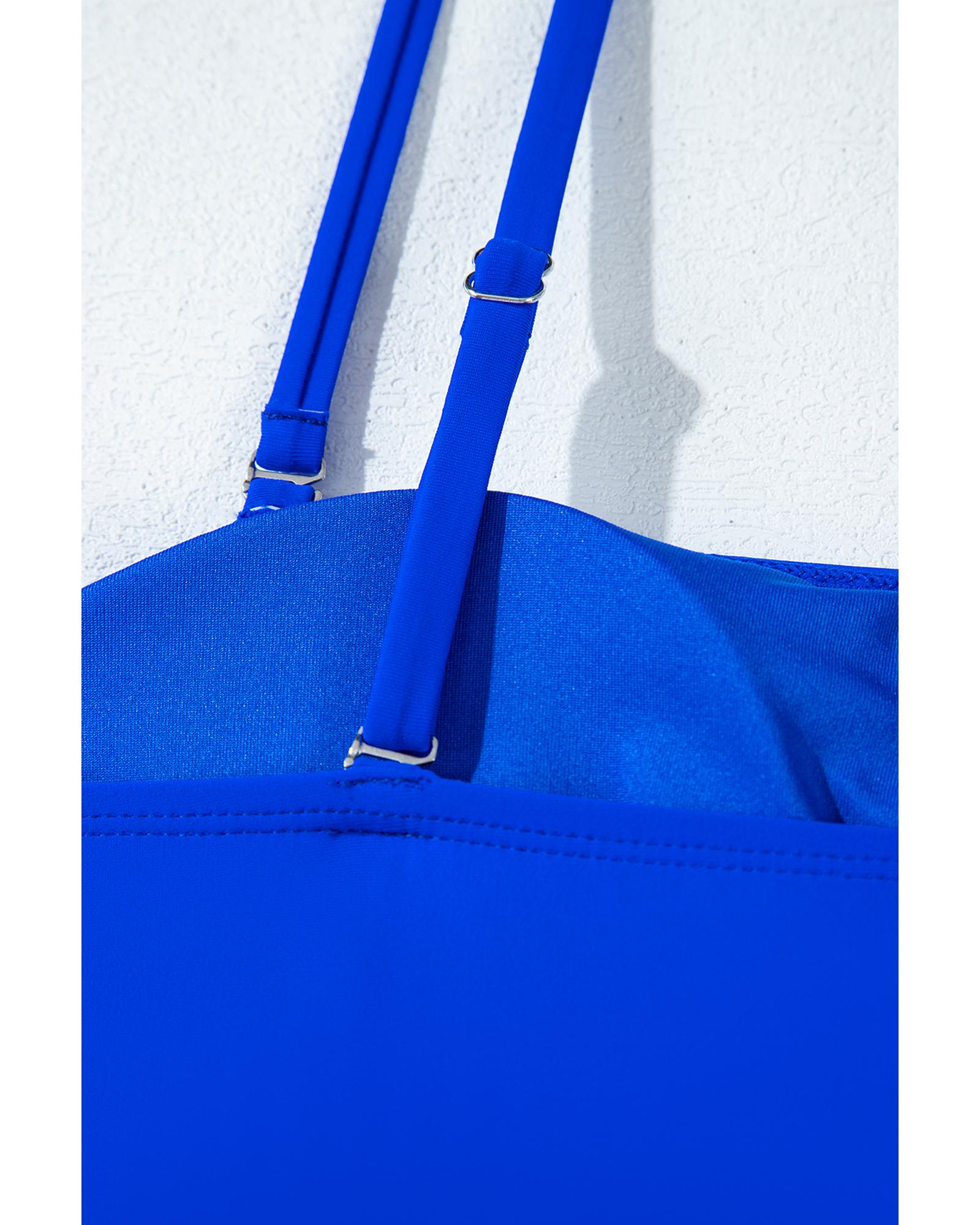 Dark Blue Bow Peplum Waist Spaghetti Straps Tankini Set - XL