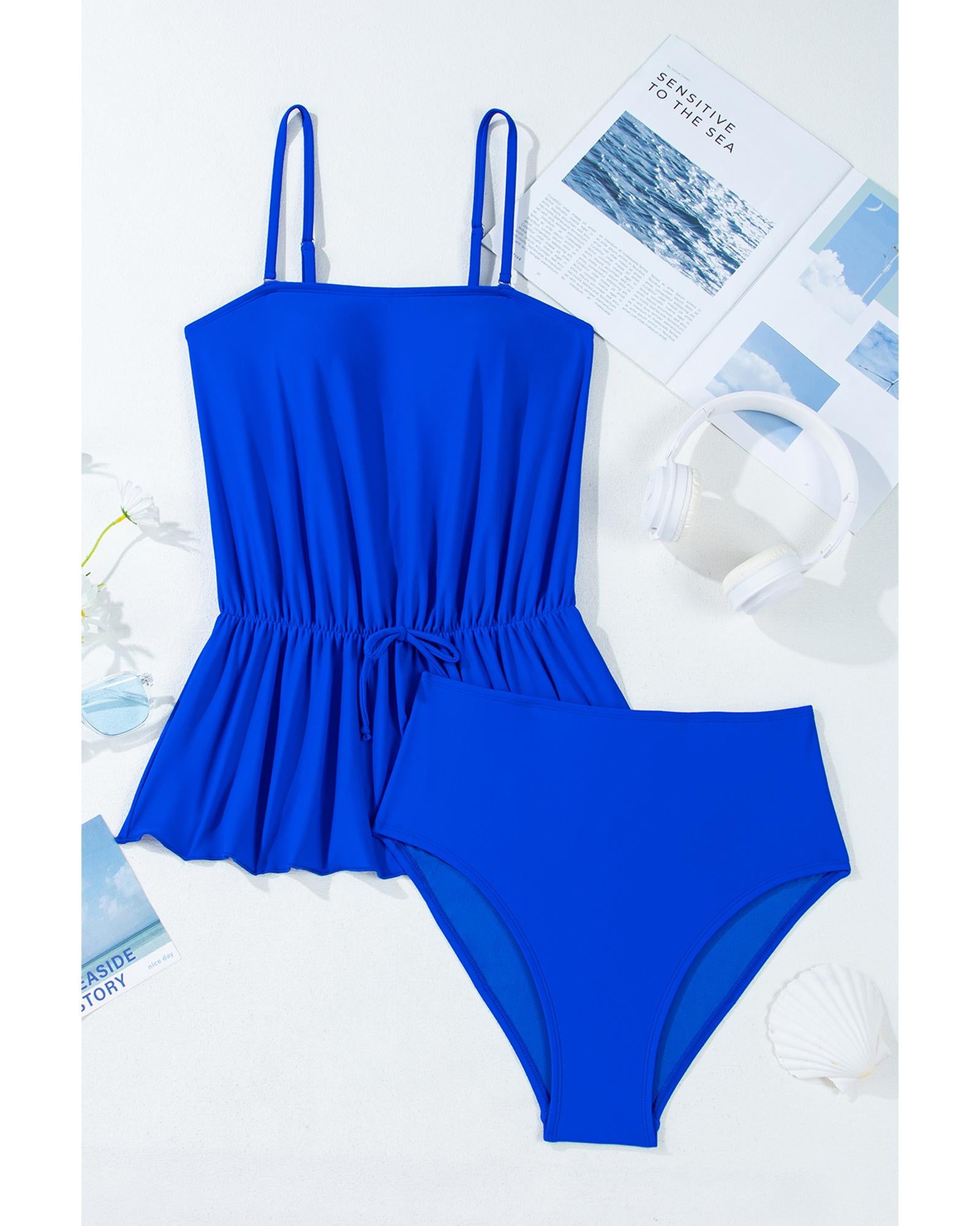 Dark Blue Bow Peplum Waist Spaghetti Straps Tankini Set - XL