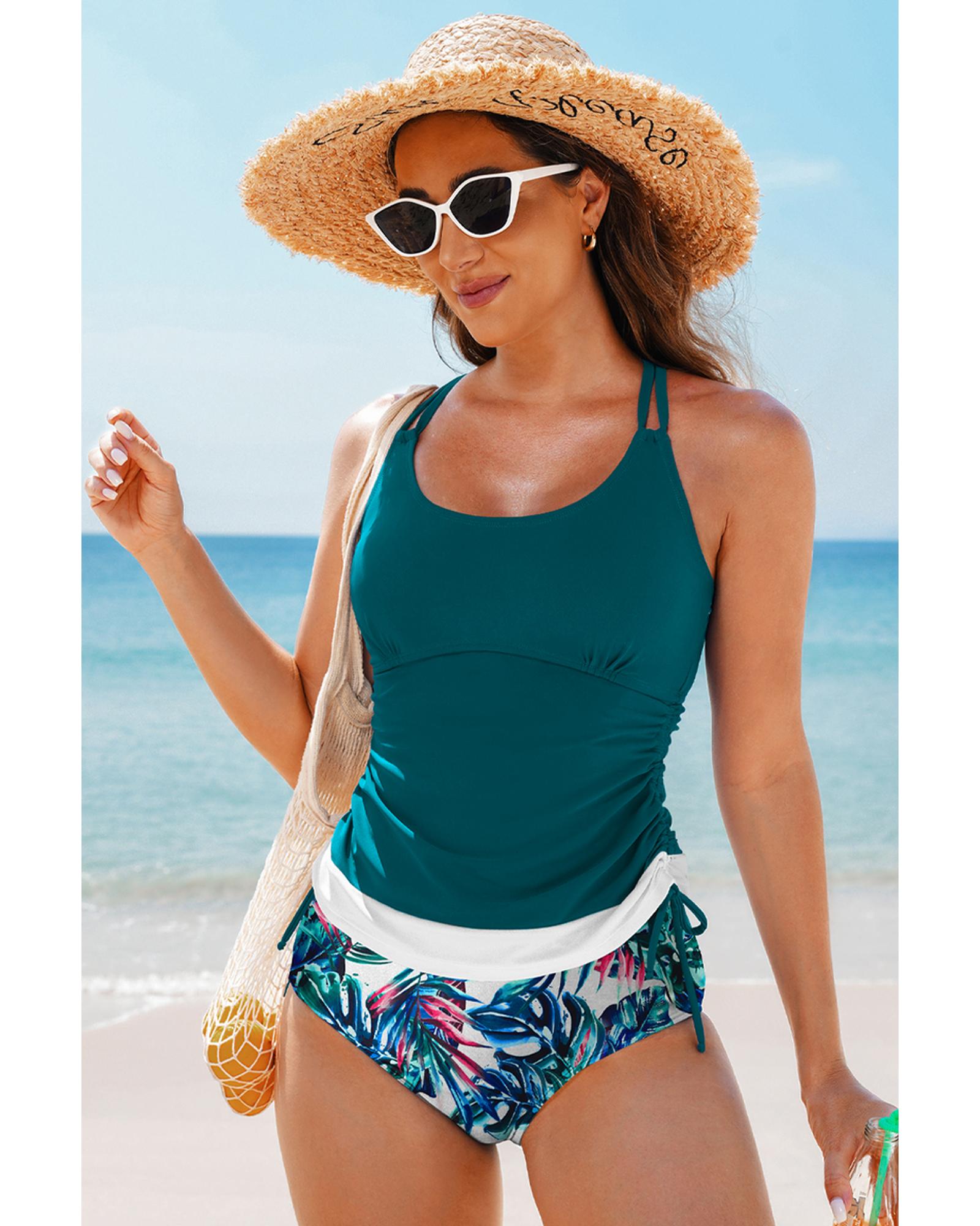 Sea Green Drawstring Tummy Control Mix-and-match 2pcs Tankini Swimsuit - 2XL