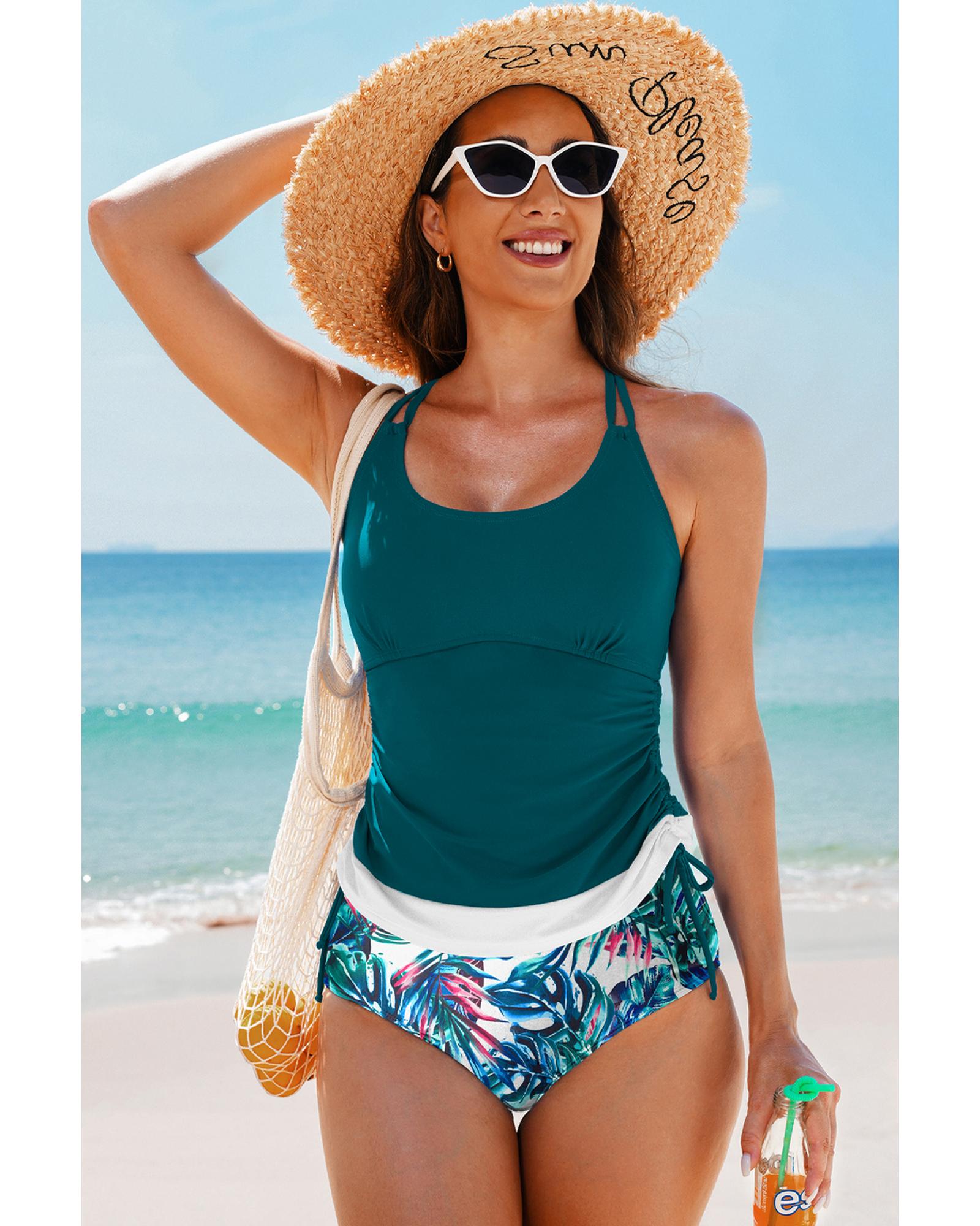 Sea Green Drawstring Tummy Control Mix-and-match 2pcs Tankini Swimsuit - XL