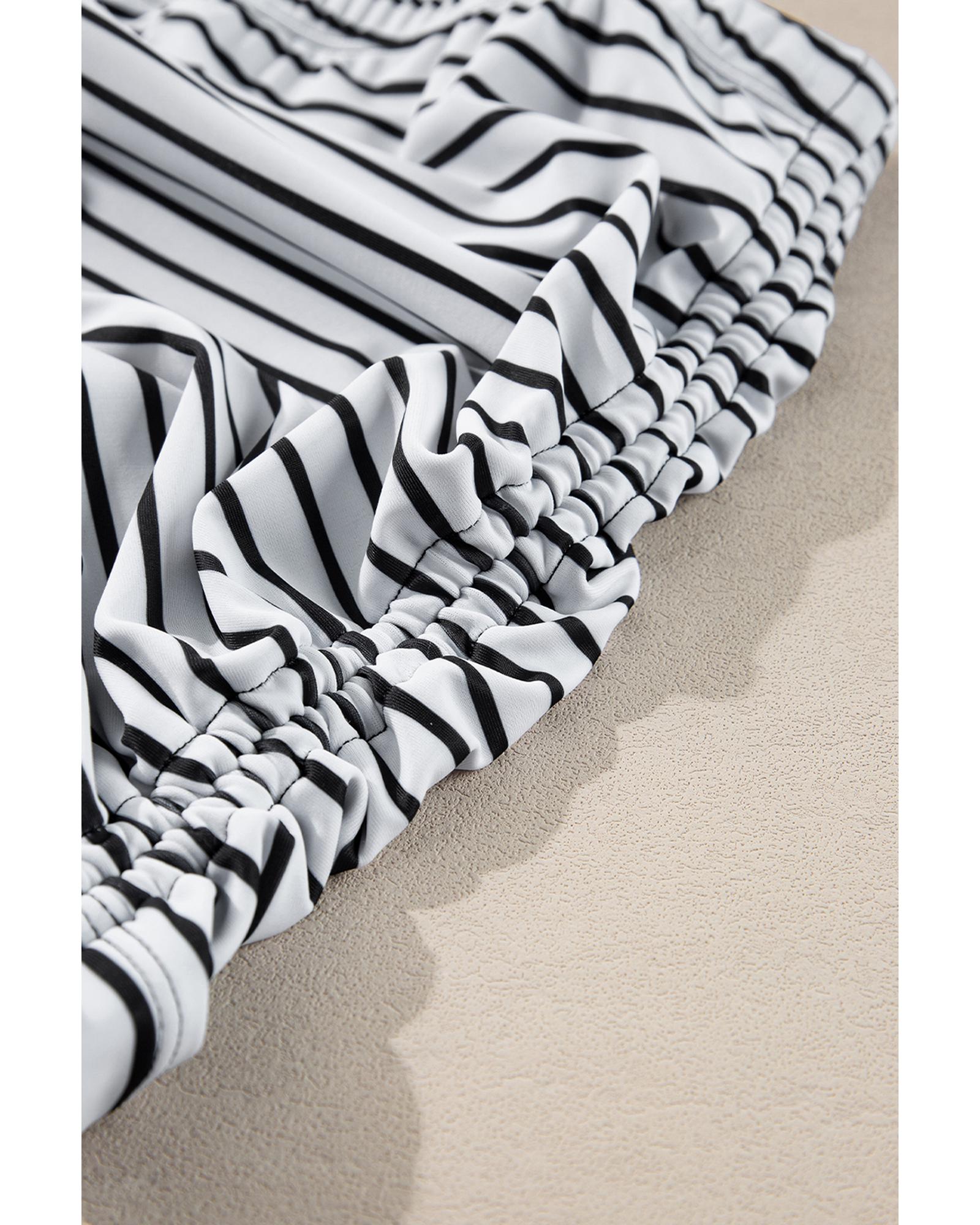 Black Striped Patchwork Side Drawstring Bottoms Tankini Set - S