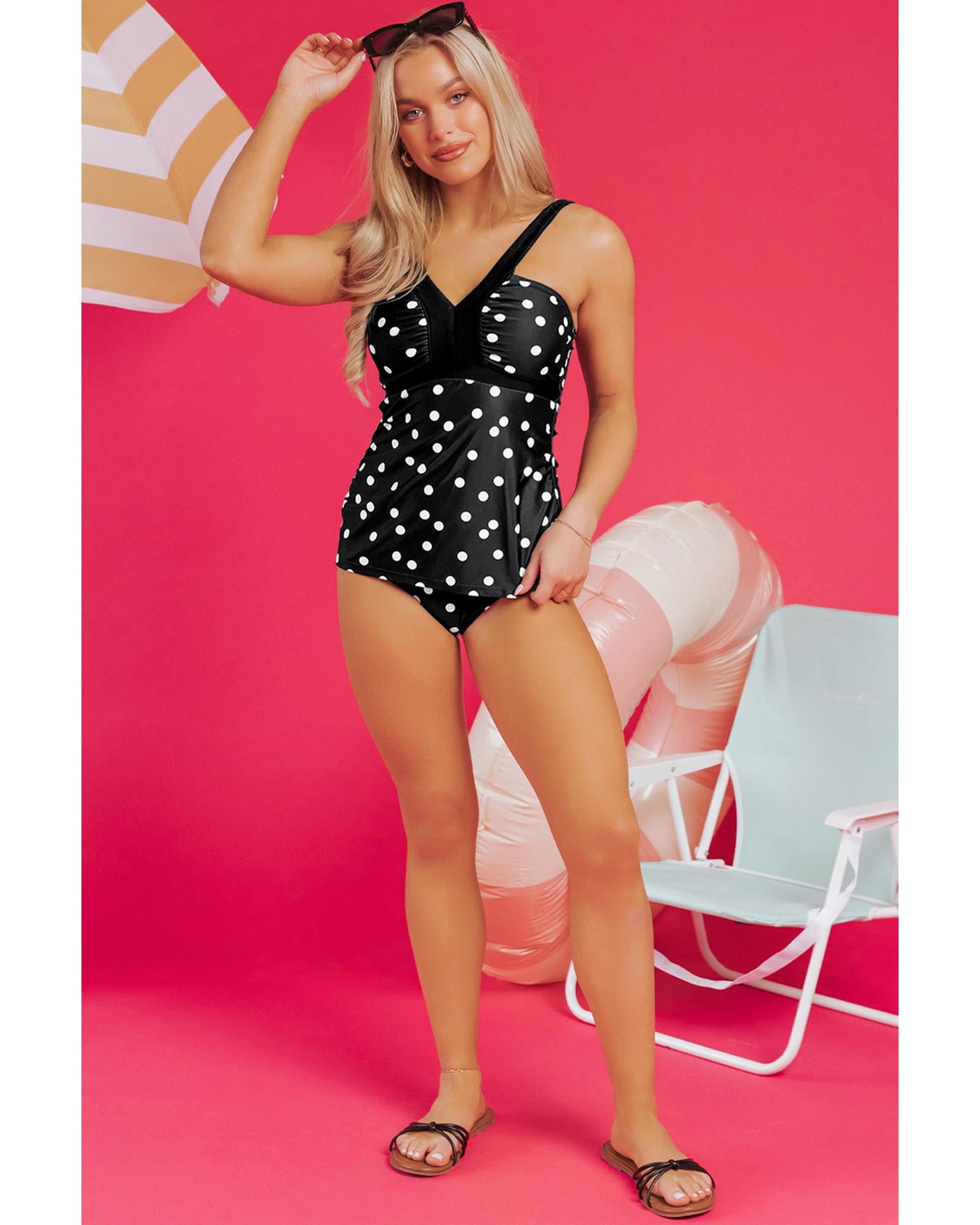 Black Polka Dot Print V Neck Tankini Set - L