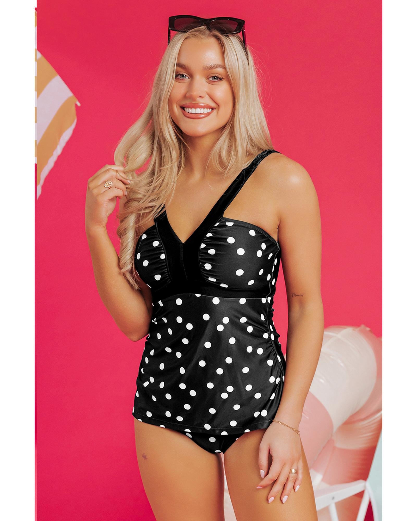 Black Polka Dot Print V Neck Tankini Set - S