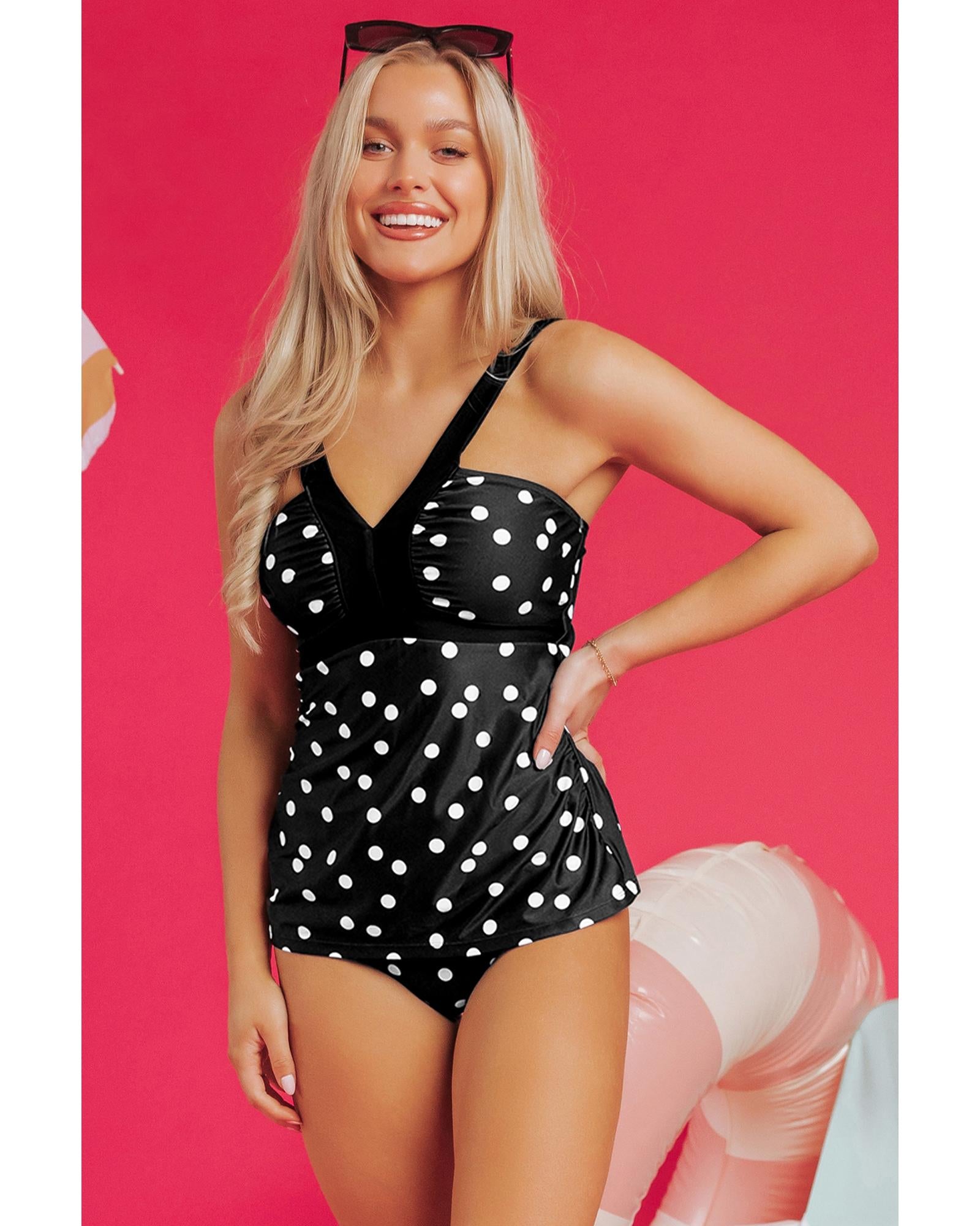 Black Polka Dot Print V Neck Tankini Set - S