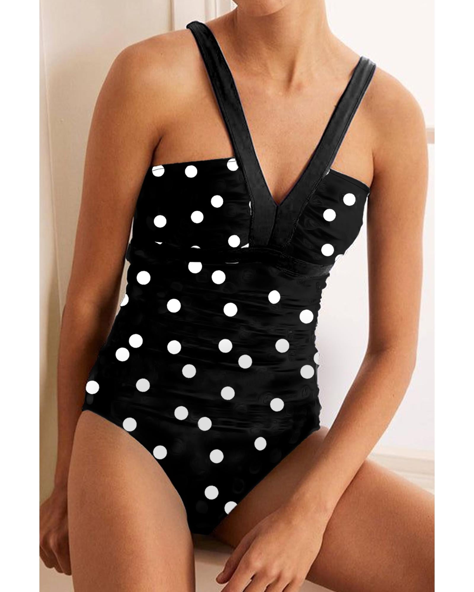 Black Polka Dot Print V Neck Tankini Set - S