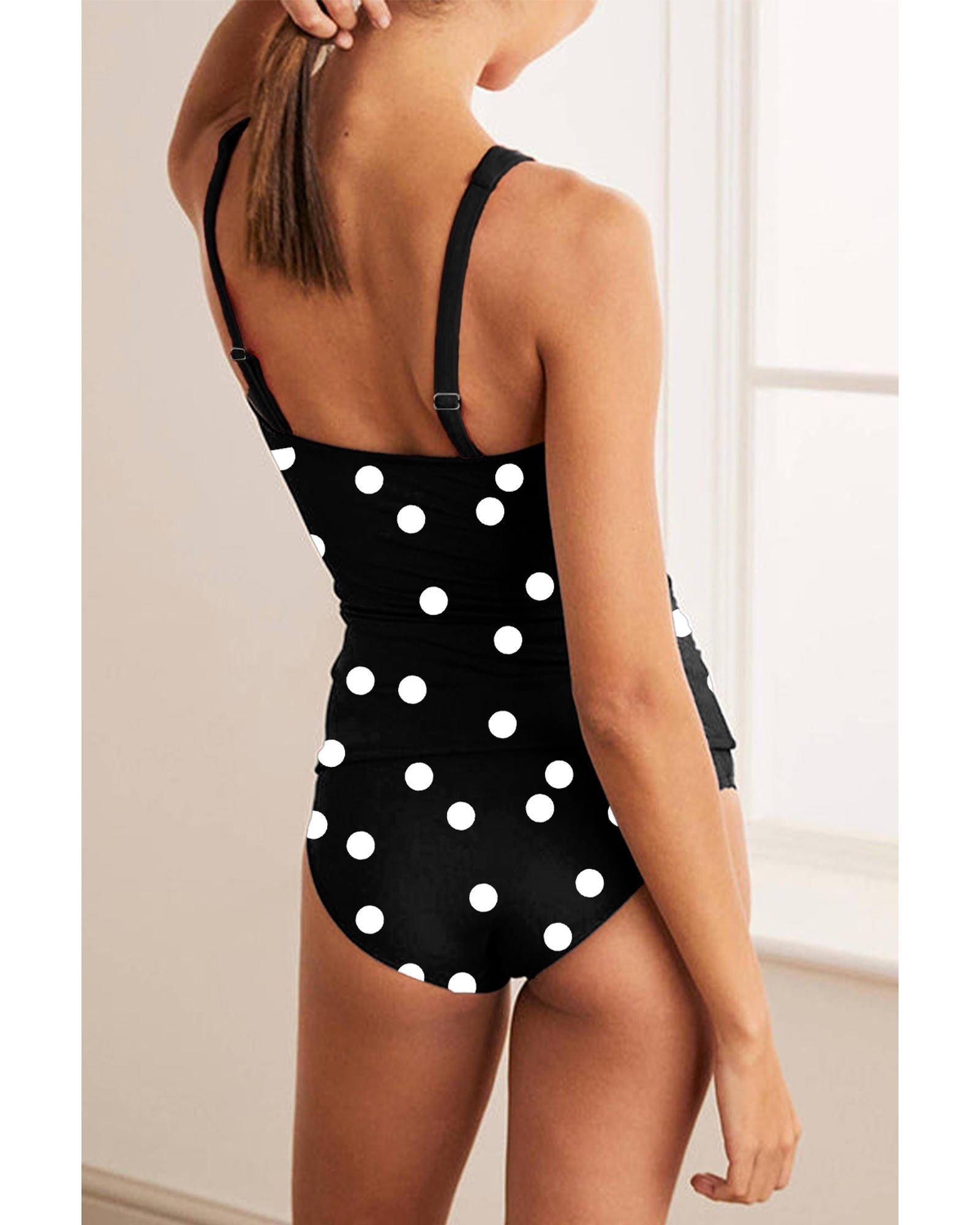 Black Polka Dot Print V Neck Tankini Set - S