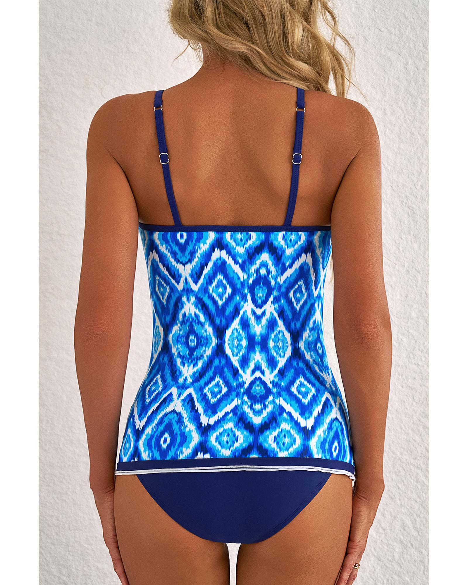 Navy Blue Abstract Print Frilled Trim Spaghetti Straps Tankini Set - L