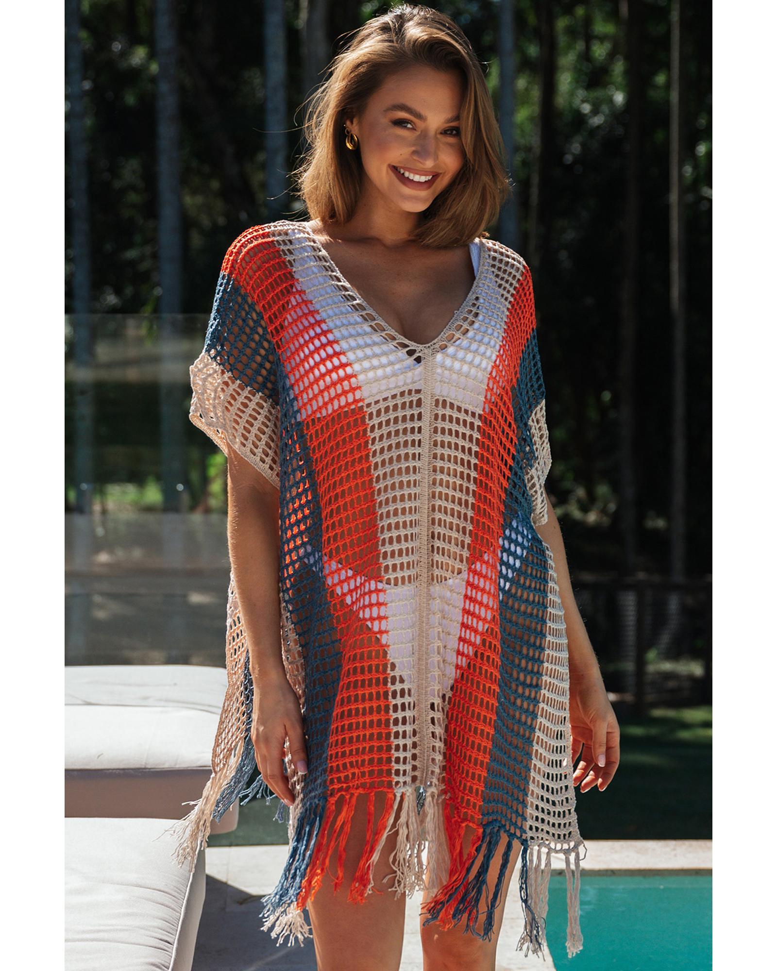 Multicolor Striped Tassel Crochet V Neck Beach Cover Up - L