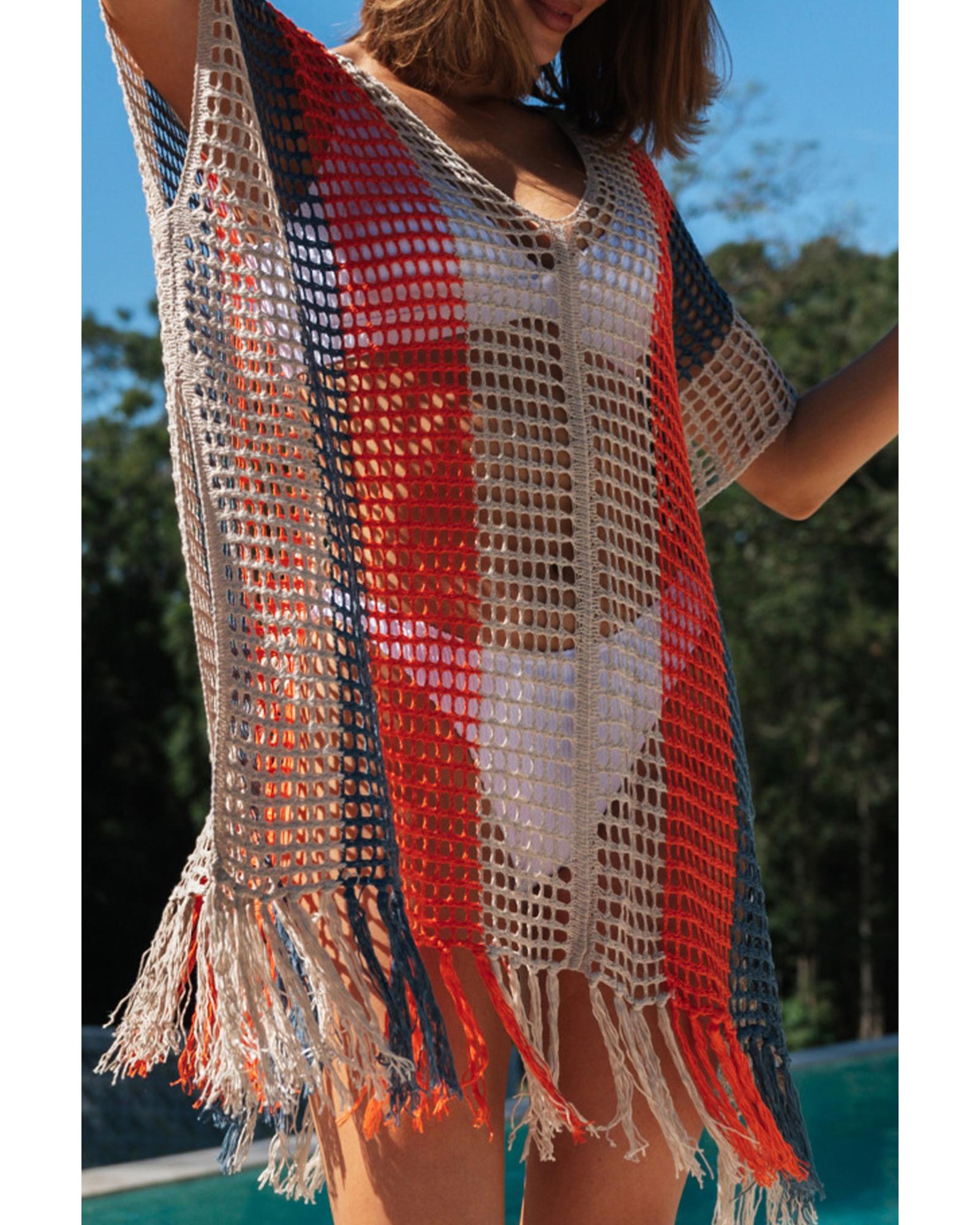 Multicolor Striped Tassel Crochet V Neck Beach Cover Up - S