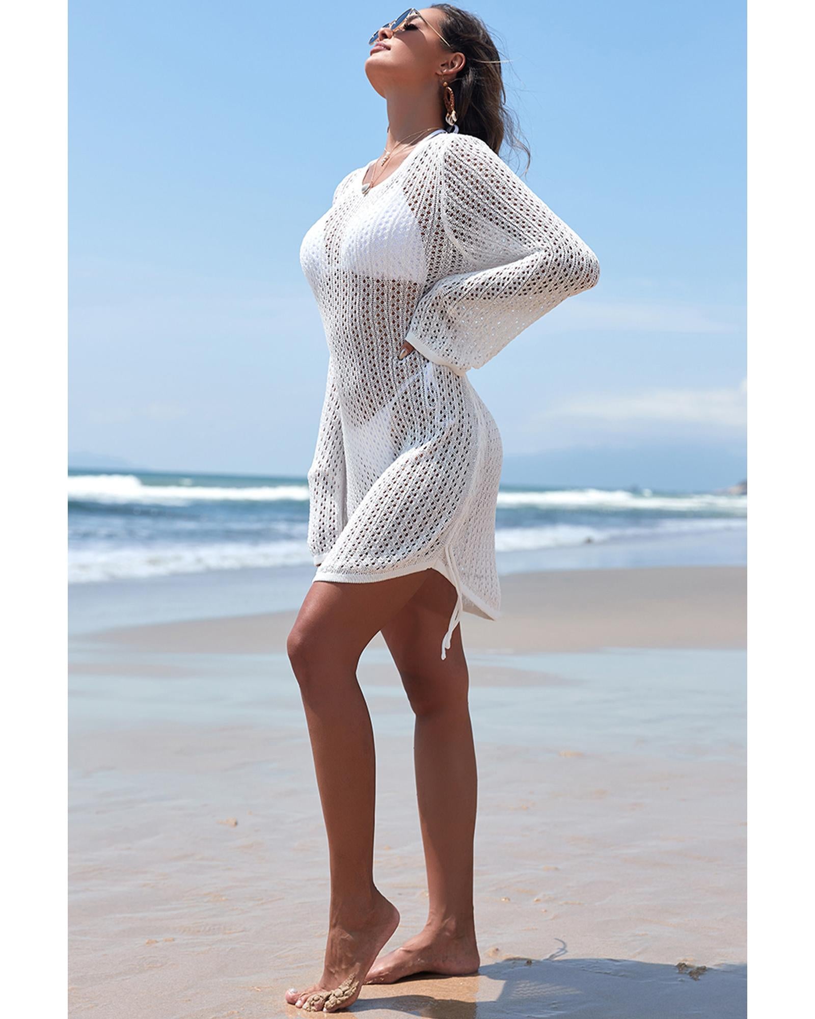 White Hollowout Knit Bell Sleeve Drawstring Short Beach dress - L