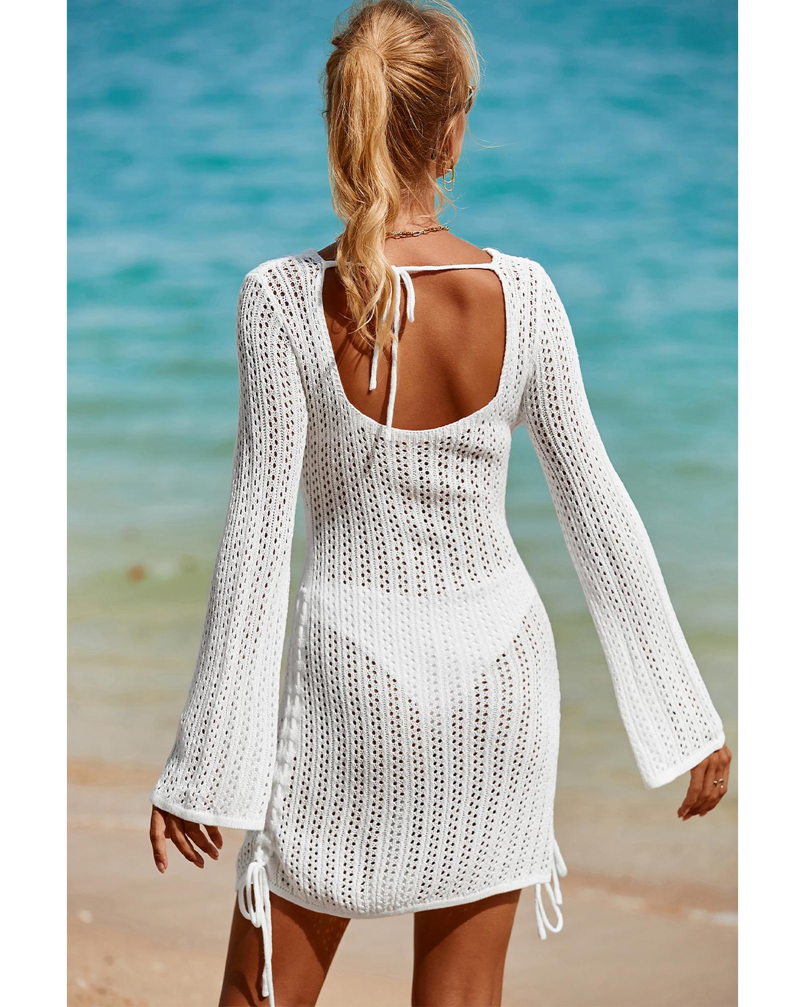 White Hollowout Knit Bell Sleeve Drawstring Short Beach dress - L