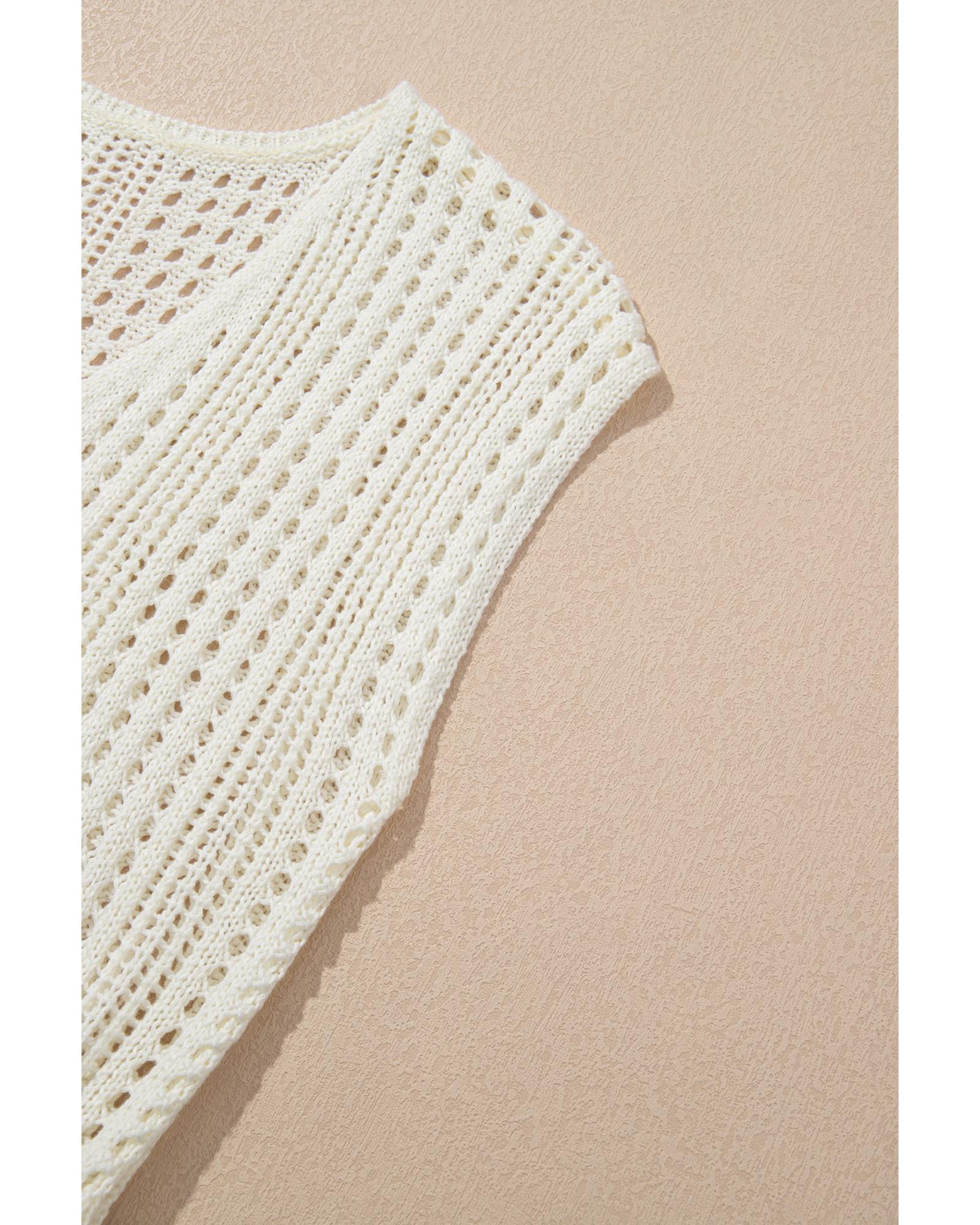 Beige Open Knit Drawstring Waist Beach Dress - S