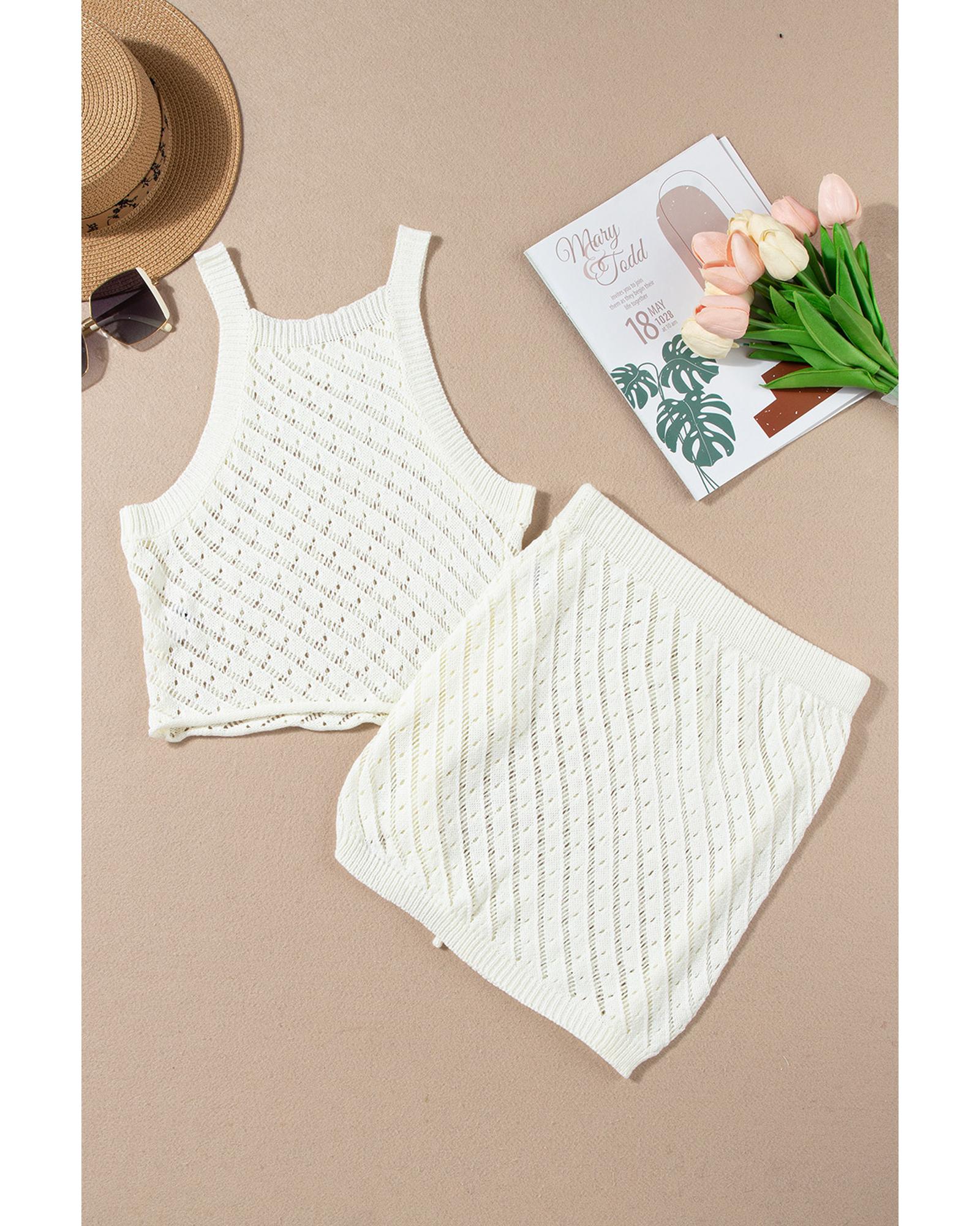 White Hollowed Crochet Cropped 2 Piece Beach Dress - L