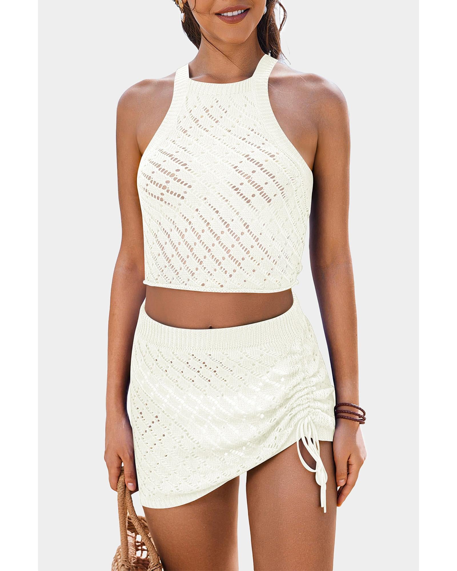 White Hollowed Crochet Cropped 2 Piece Beach Dress - M