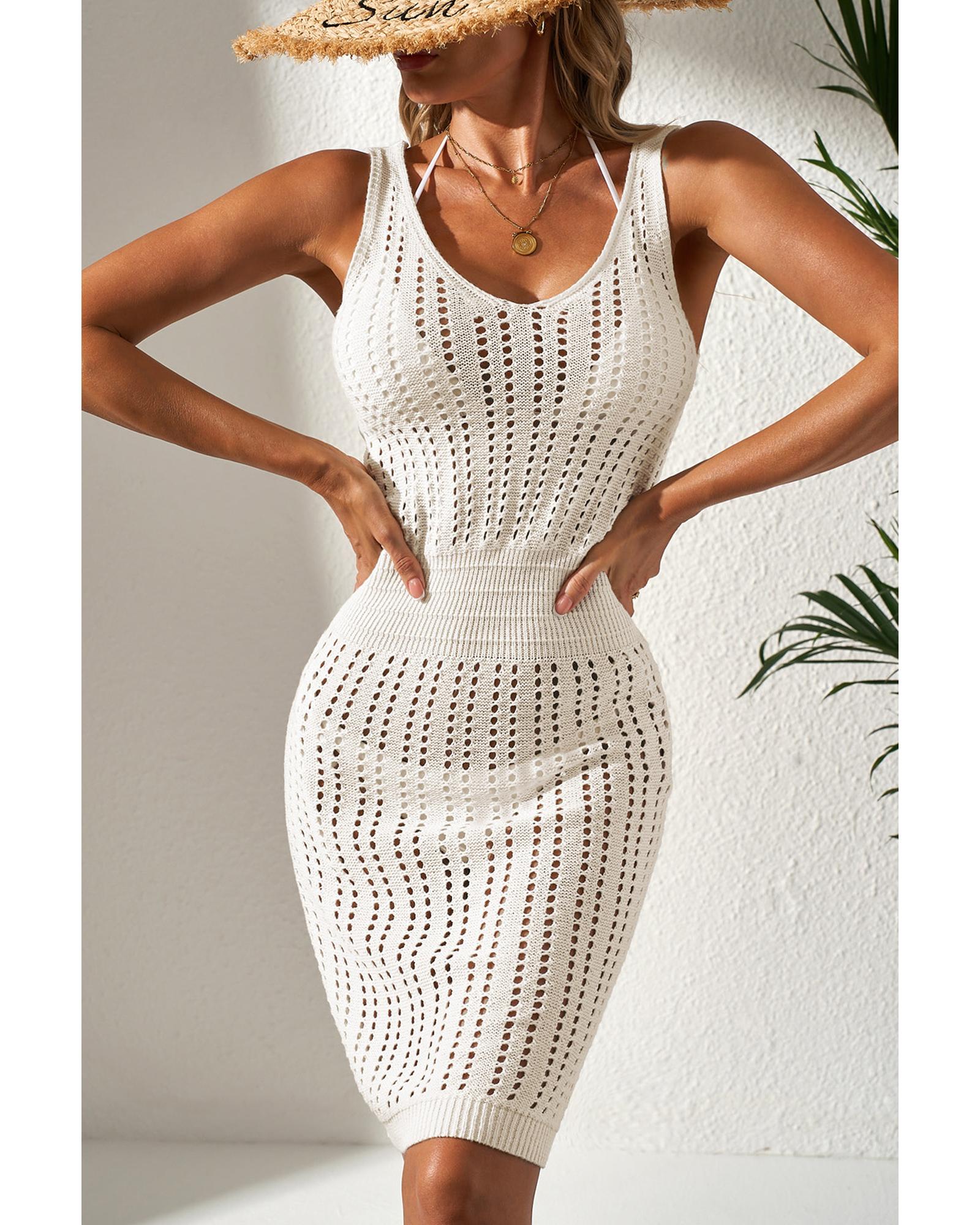 White Eyelet Crochet Sleeveless V Neck Beach Dress - M