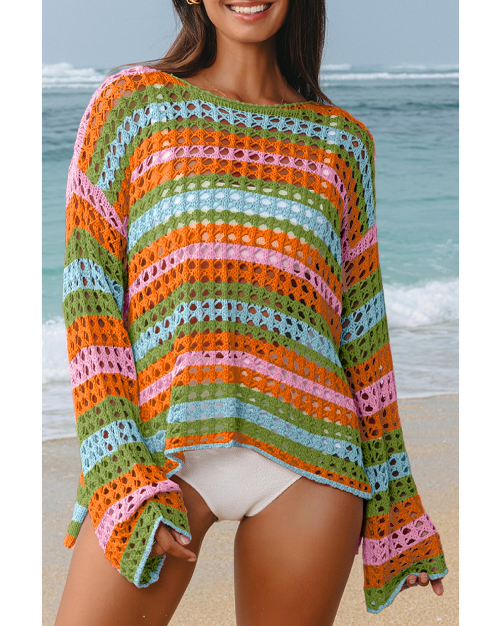 Carrot Multi Stripe Open Knit Sweater Beach Cover Up - L