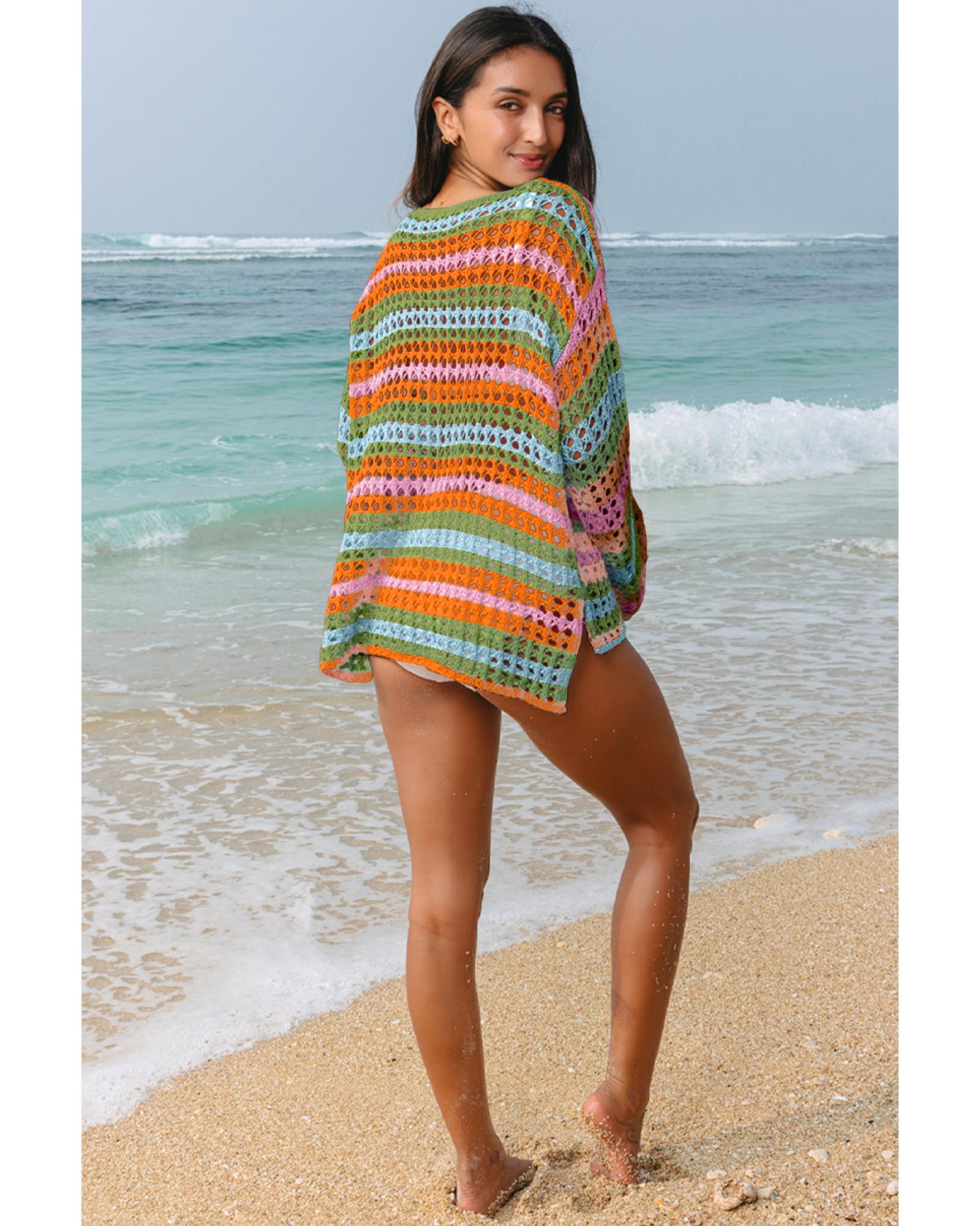 Carrot Multi Stripe Open Knit Sweater Beach Cover Up - L