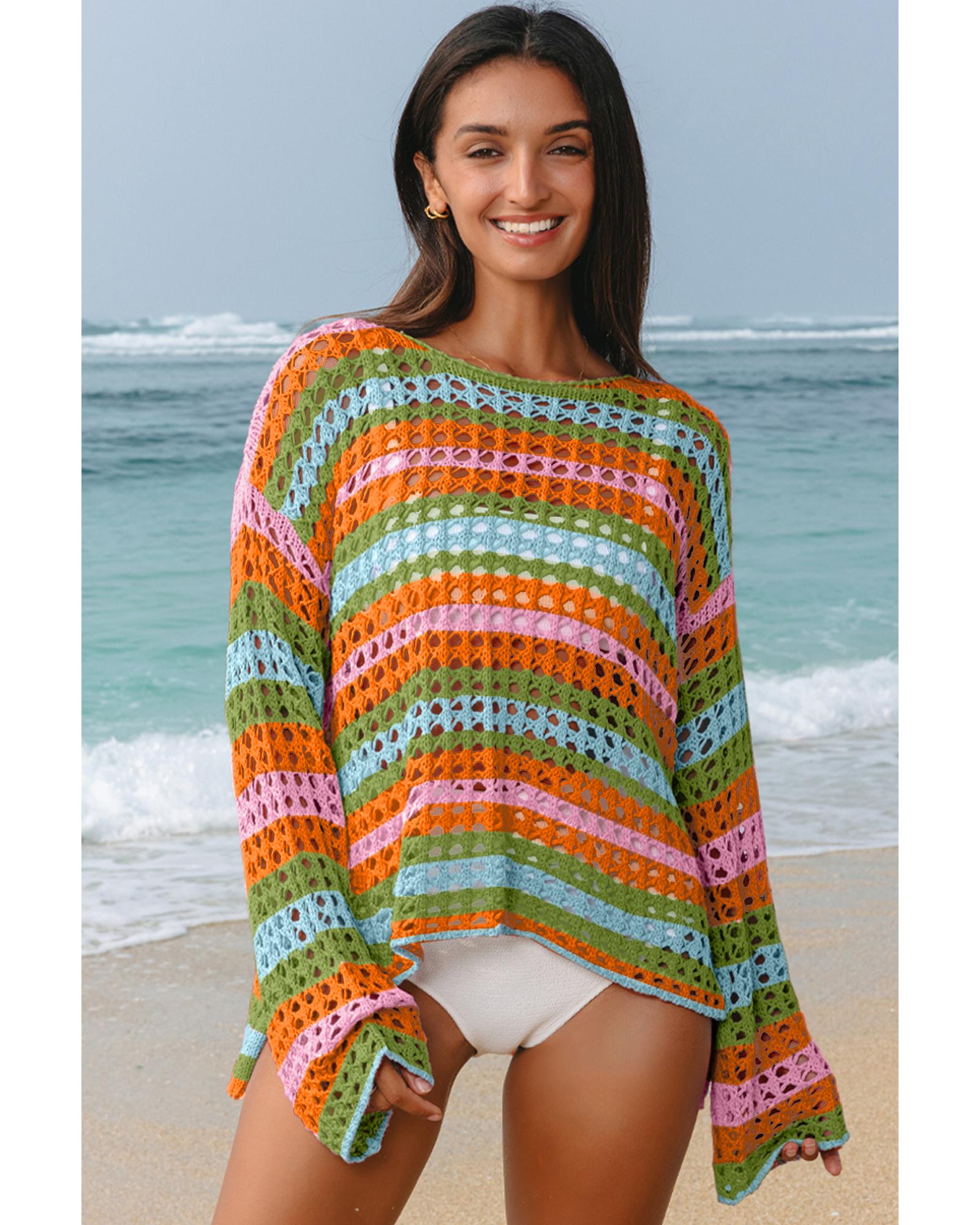 Carrot Multi Stripe Open Knit Sweater Beach Cover Up - M