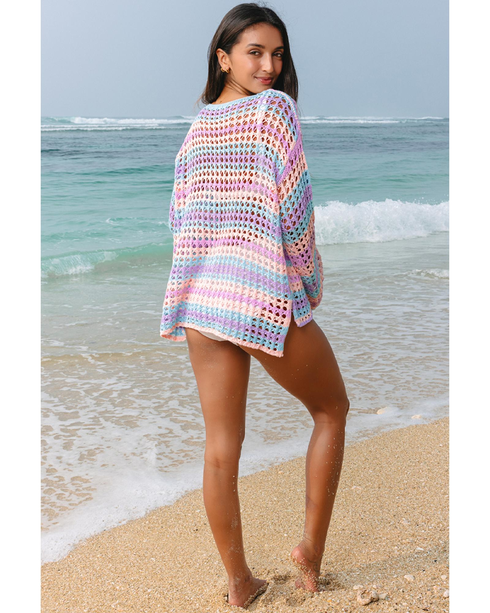 Purple Multi Stripe Open Knit Sweater Beach Cover Up - XL